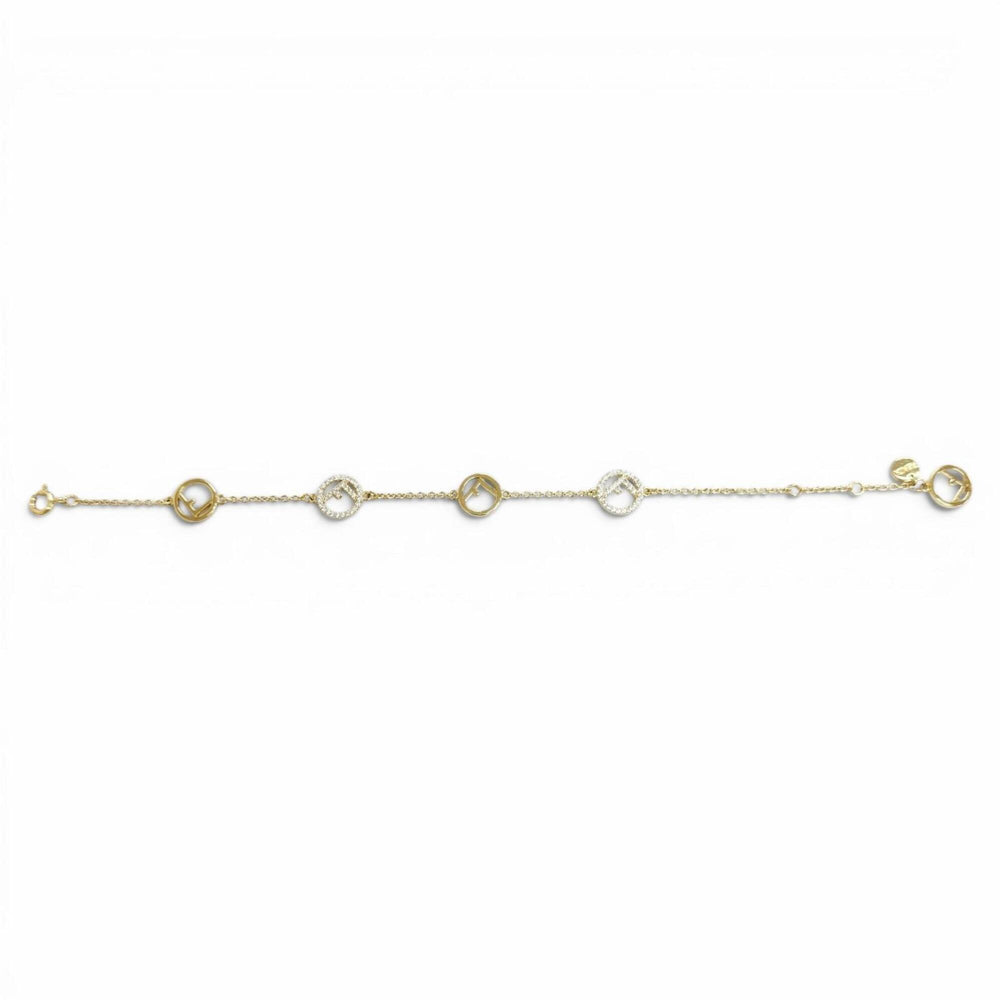 FENDI 8AG761 F is Fendi Bracelet, Logo Plate, Rhinestones, Gold, Made in Italy, Women's, with Box — Like New