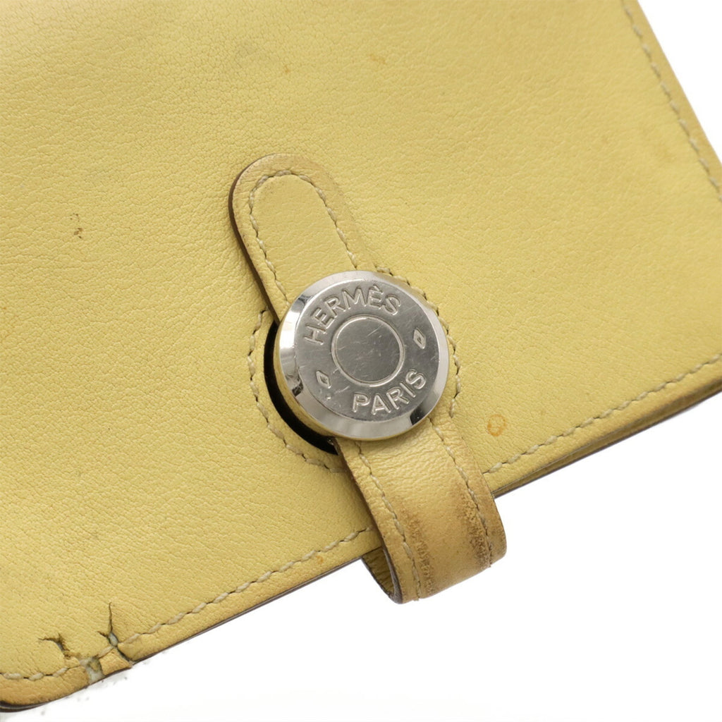HERMES Dogon card case, coin wallet, purse, Swift leather, yellow, souffle, with X marking.