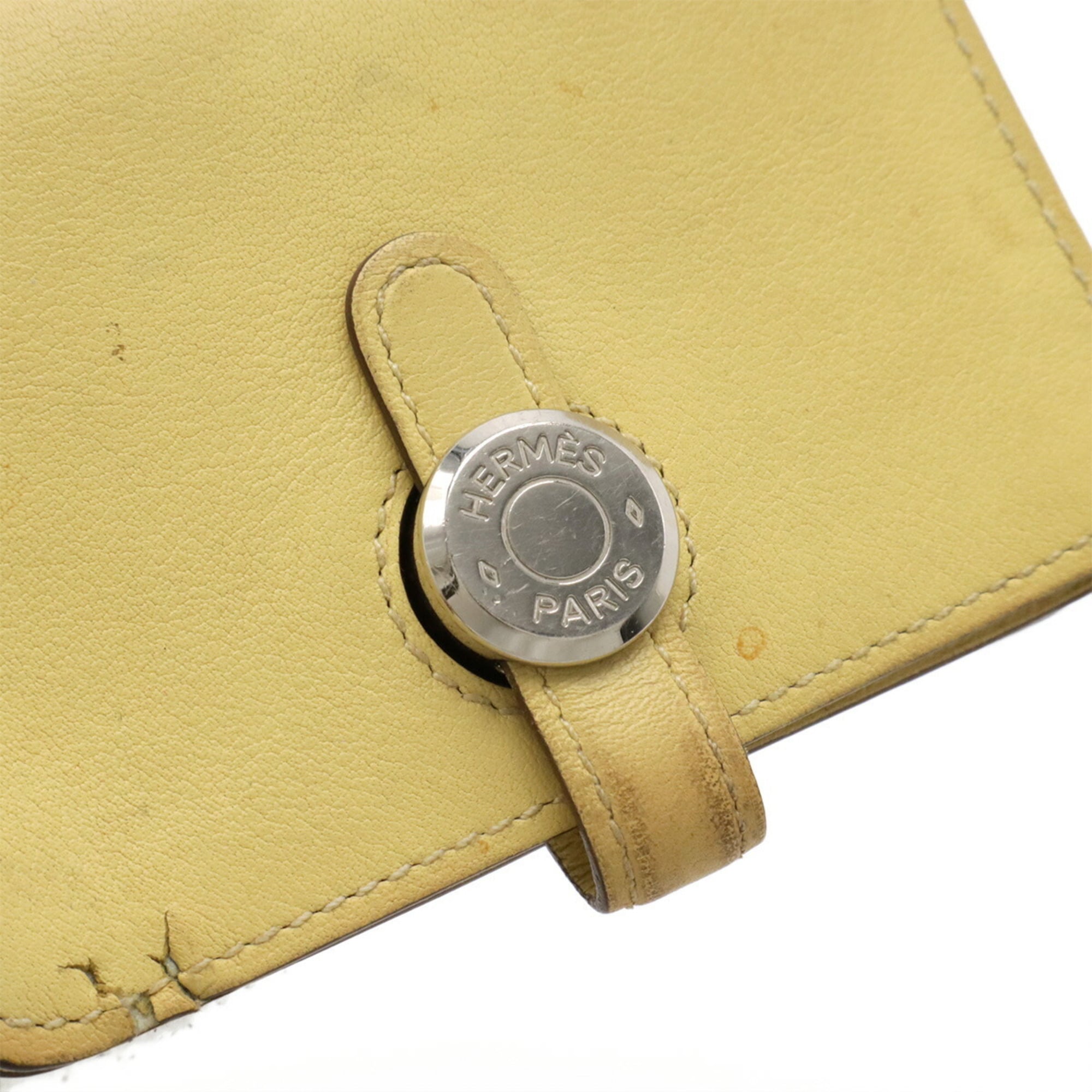 HERMES Dogon card case, coin wallet, purse, Swift leather, yellow, souffle, with X marking.