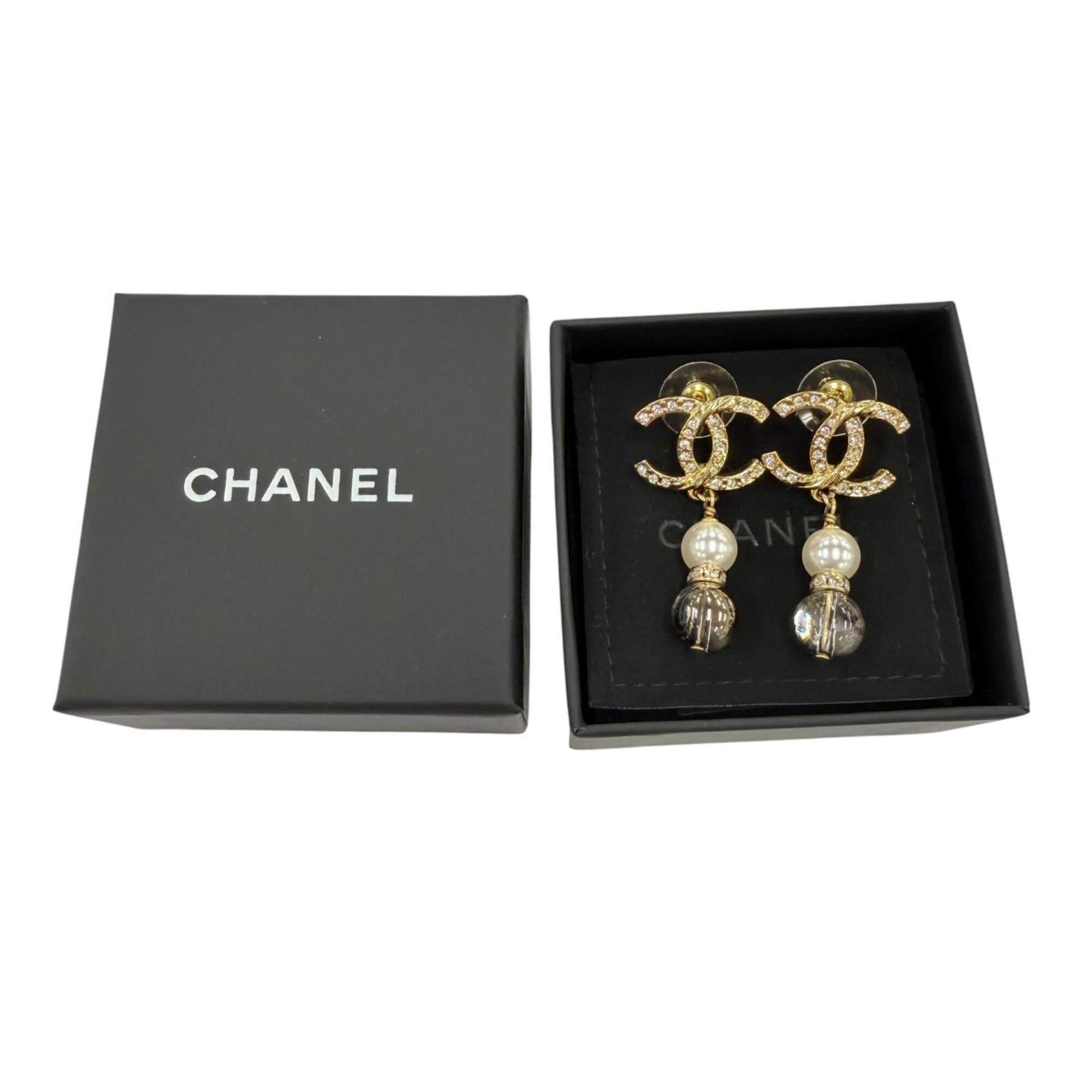 CHANEL A23C Coco Mark Rhinestone Pearl Stone Swing Earrings, Gold, Made in France, Women's, with Box and Dust Bag — Like New