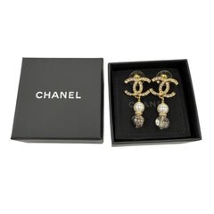 CHANEL A23C Coco Mark Rhinestone Pearl Stone Swing Earrings, Gold, Made in France, Women's, with Box and Dust Bag — Like New