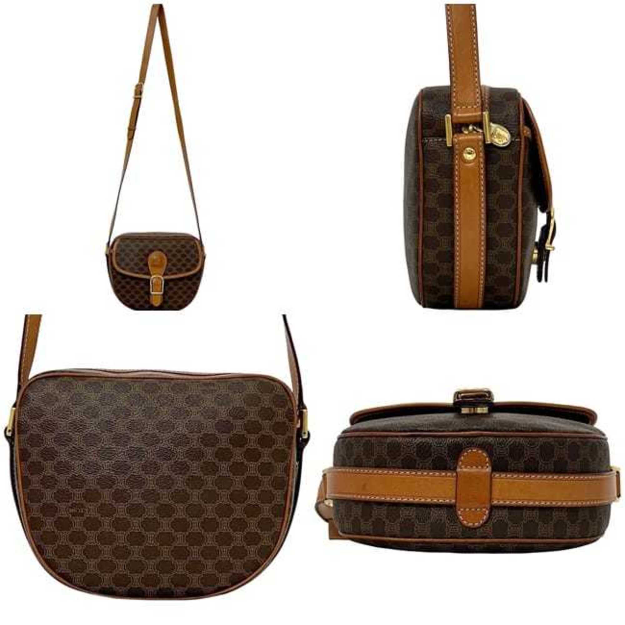 Celine Shoulder Bag ec-24655 Brown Macadam PVC Leather M11 CELINE Crossbody Round Pochette Women's Flap