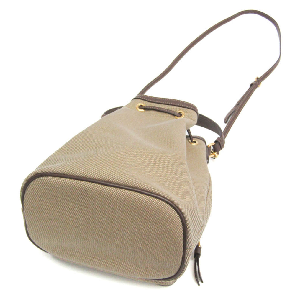 Prada Logo Jacquard Drawstring Bag Women's Leather,Jacquard Handbag,Shoulder Bag Beige Brown,Dark Brown — Like New