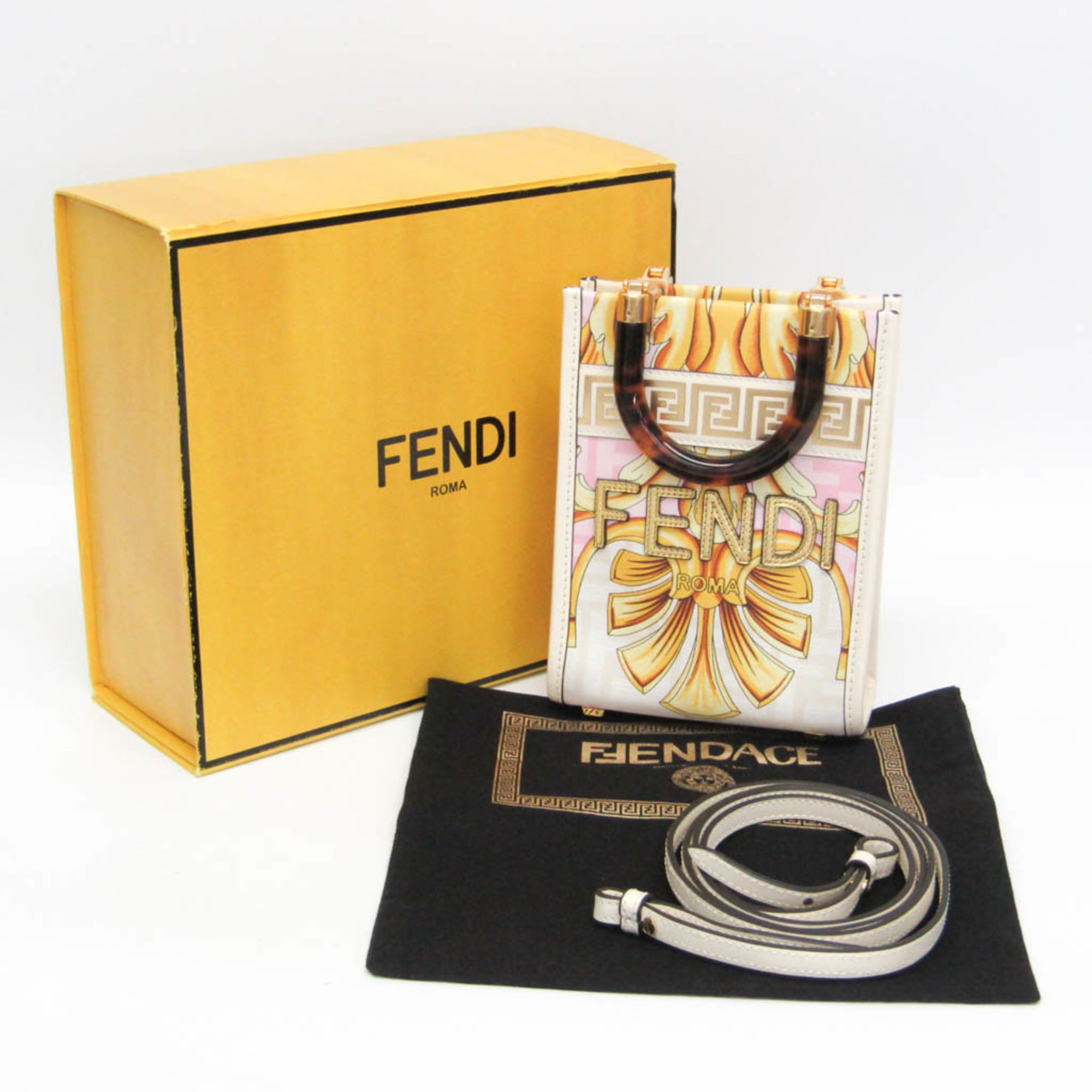 Fendi FENDACE Mini Sunshine Shopper 8BS051 Women's Leather,Coated Canvas Handbag,Shoulder Bag Gold,Pink,White
