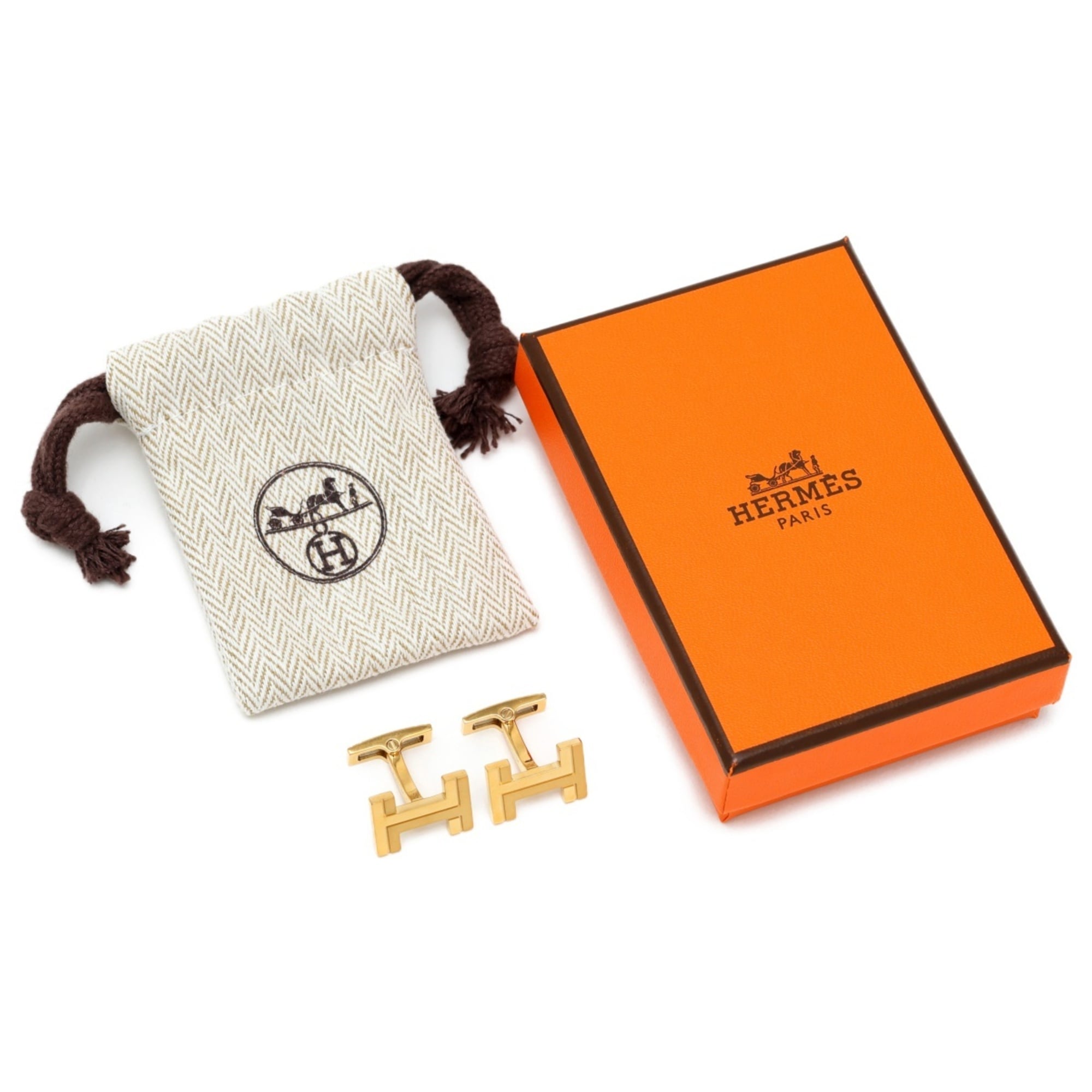 Hermes cufflinks, H O Carre, H077189FA00, metal, gold — Like New
