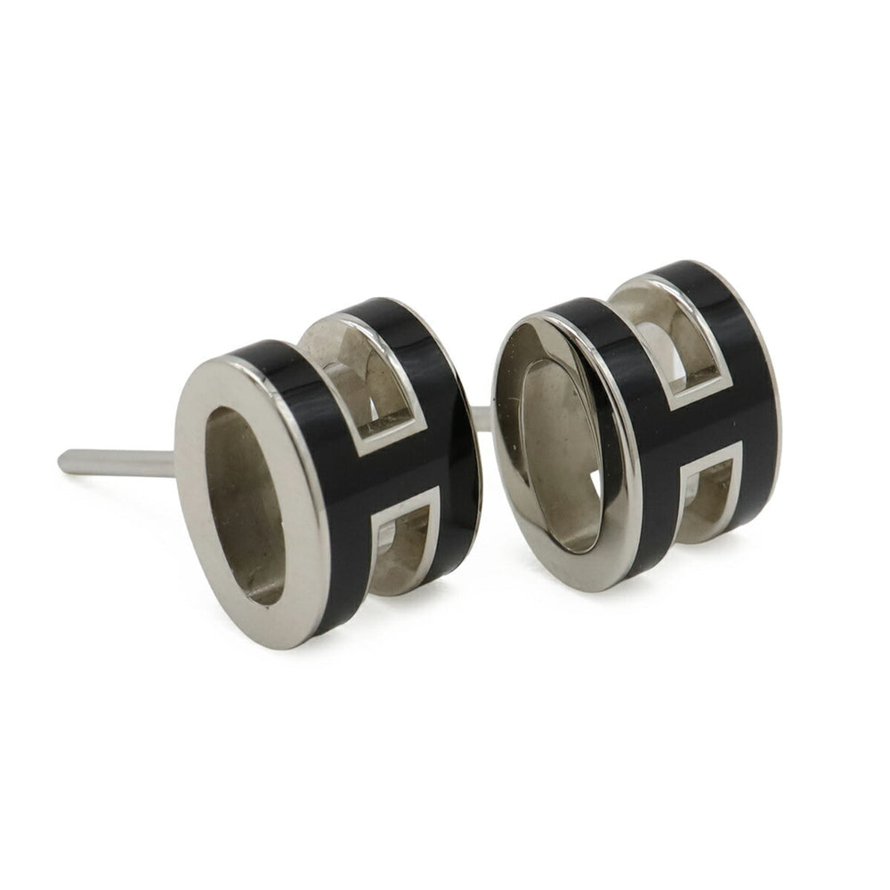 HERMES Mini Pop H Earrings, Metal, Lacquer, Black, Silver — Like New