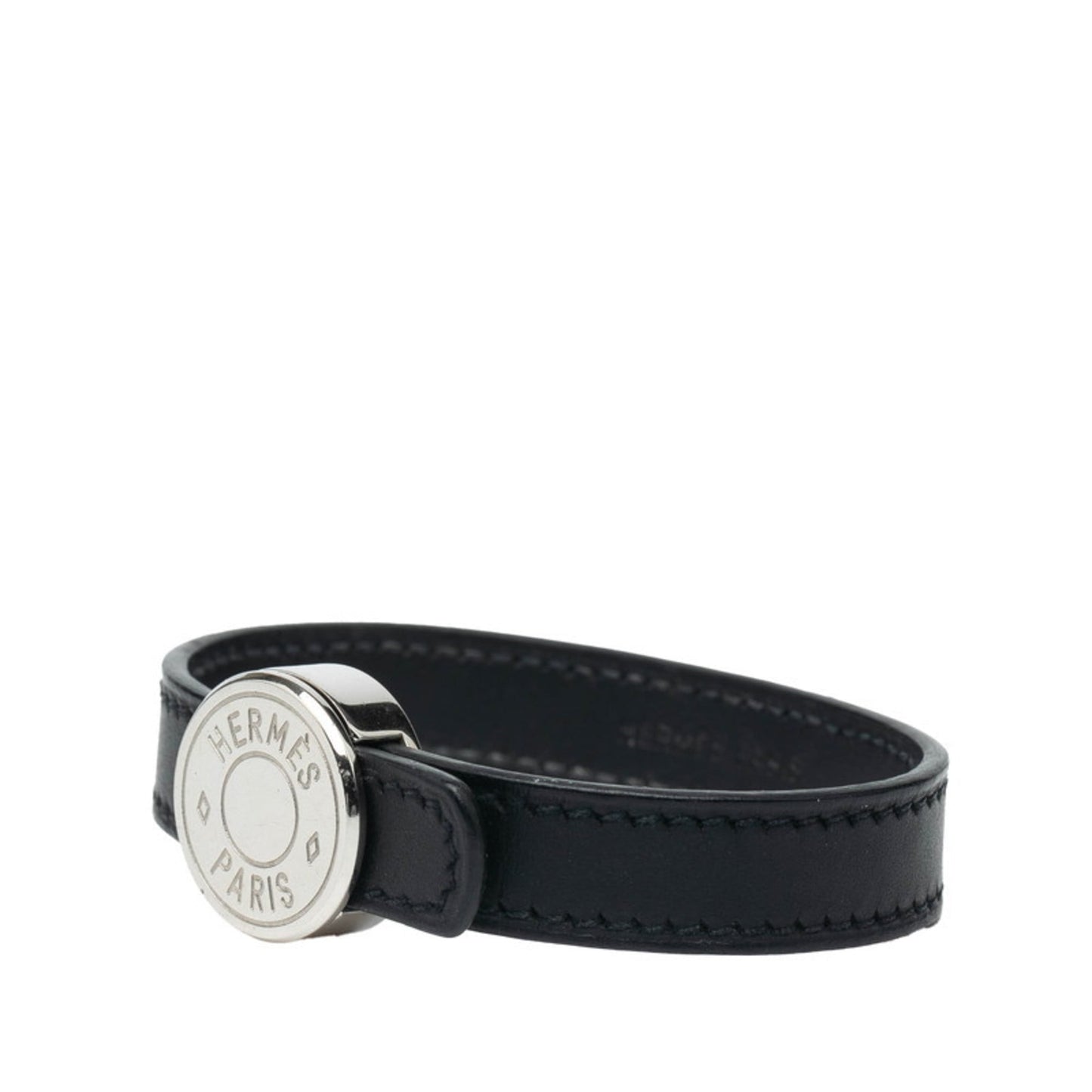 Hermes Hermès Serie Looping Bracelet in Black with Silver Hardware, Leather and Metal, Women's