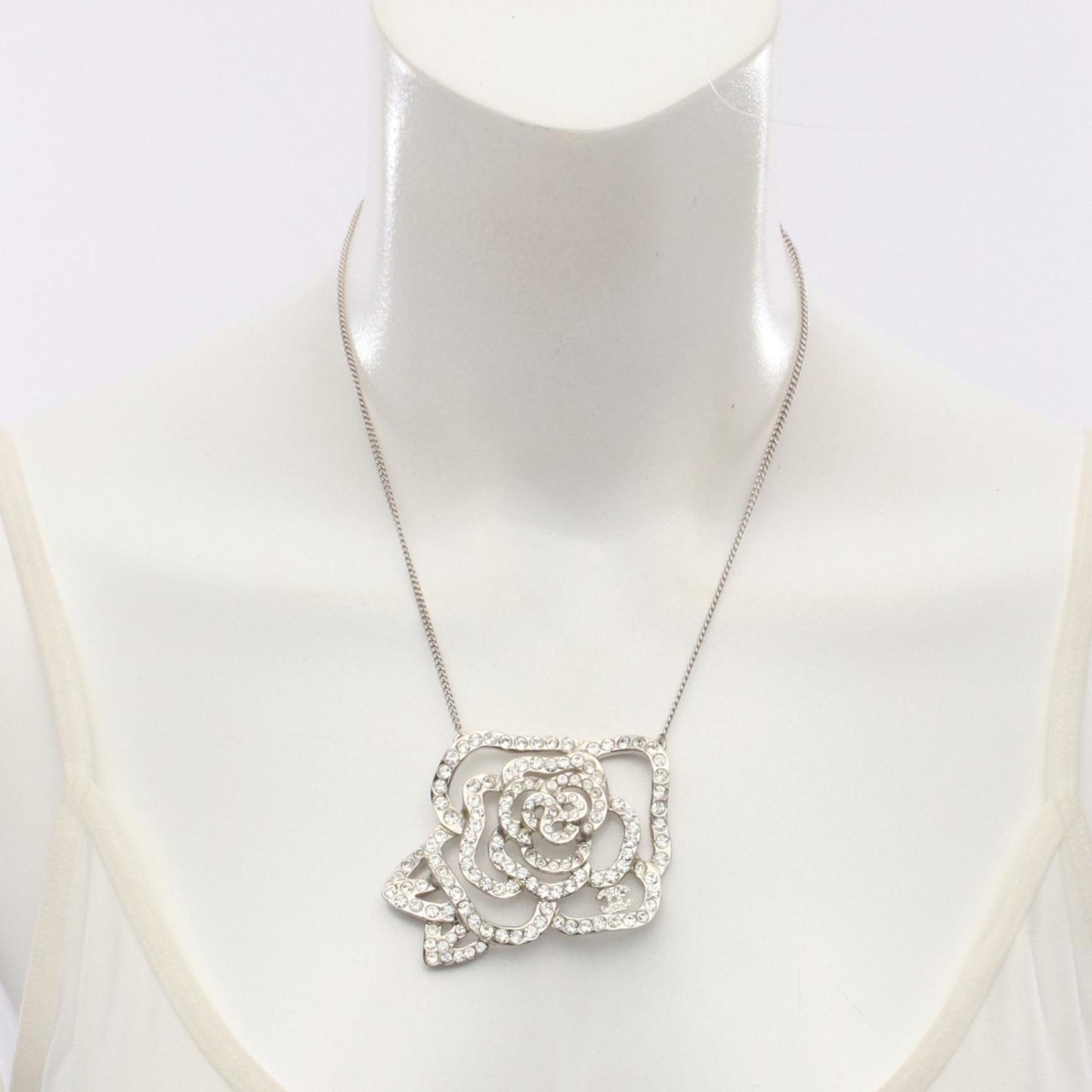 CHANEL Camellia Coco Mark Necklace in Stainless Steel with Rhinestones, Silver and Clear