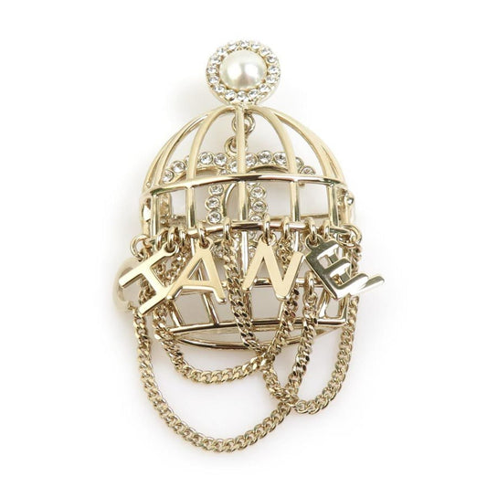 Chanel Birdcage Brooch in Metal with Faux Pearl and Stones, Gold, Women's, 90165i