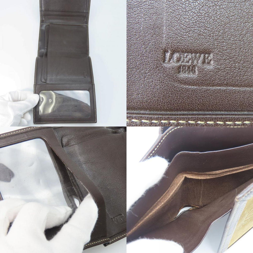 LOEWE Tri-fold Wallet Suede Leather Khaki Brown Anagram Accessory Women's