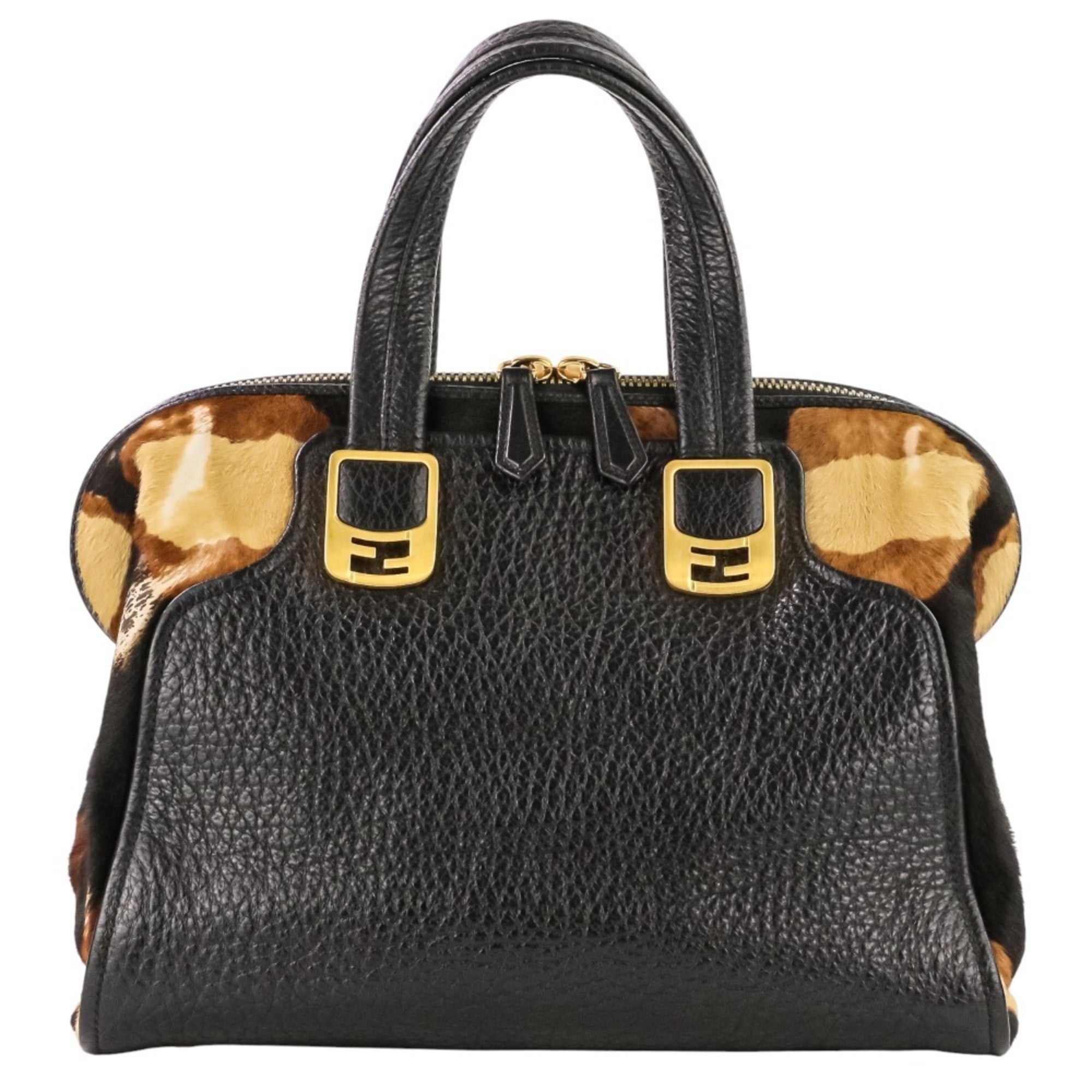 FENDI Chameleon Bag, Leather and Harako 2-Way Handbag, Black Brown, Women's