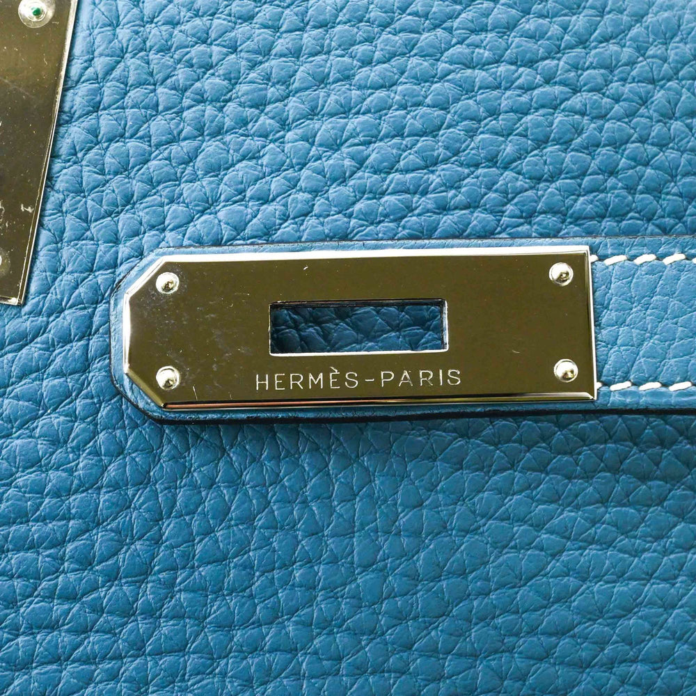 HERMES Kelly 28 Handbag Tote Bag, Taurillon Clemence Leather, Women's, Blue Jean — Like New