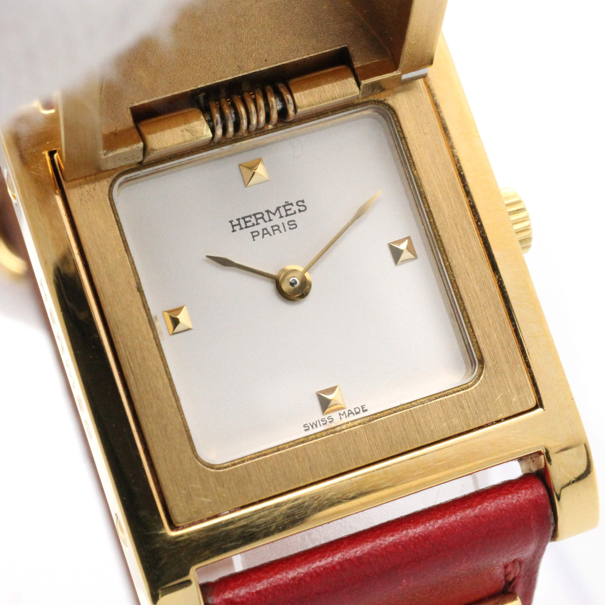 Hermes Medor watch, gold-plated (GP), leather strap, women's, white, ME1.201 — Very Good