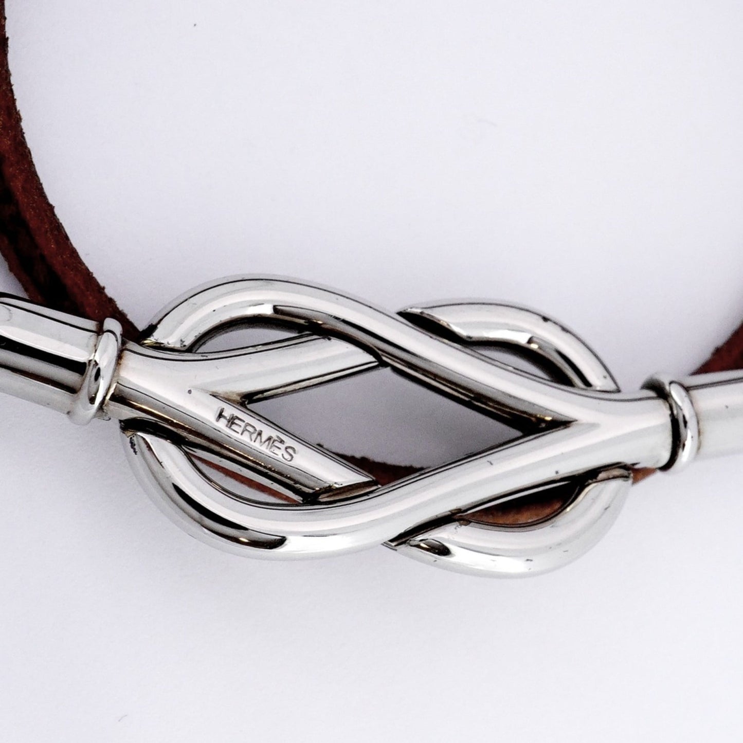 Hermes Hermès Atame Bracelet, 2-Row, Metal, Leather, Silver, Brown, Men's and Women's