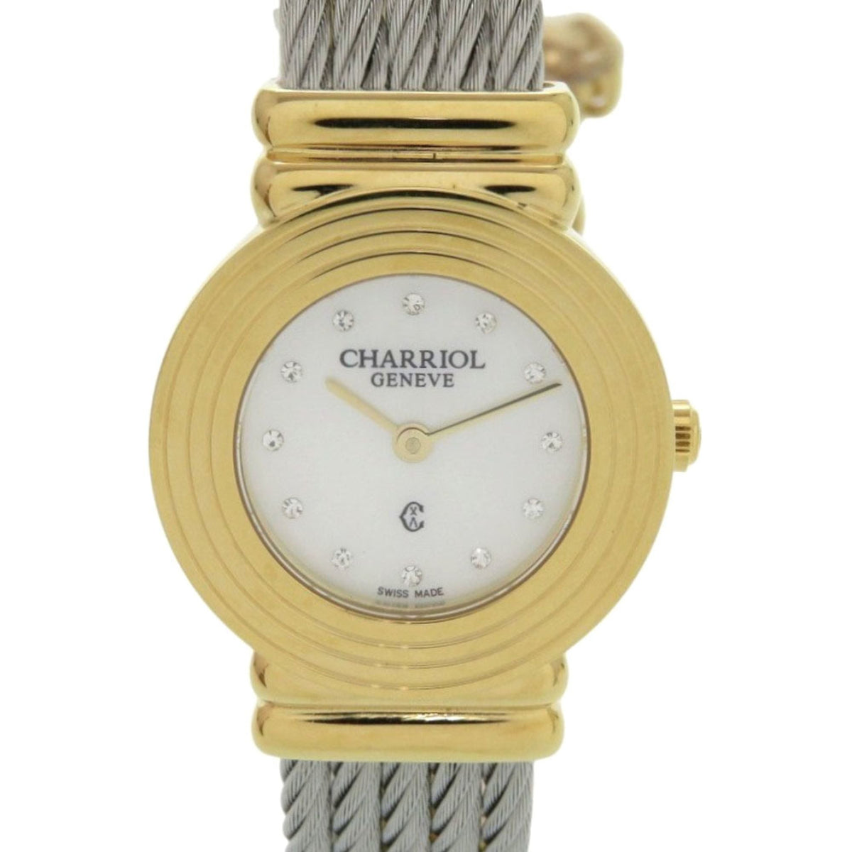 Unused Charriol Saint-Tropez 12-Piece Diamond Stainless Steel Watch with White Shell and Gold Dial, Quartz Movement, 0598 CHARRIOL — New - Store Return
