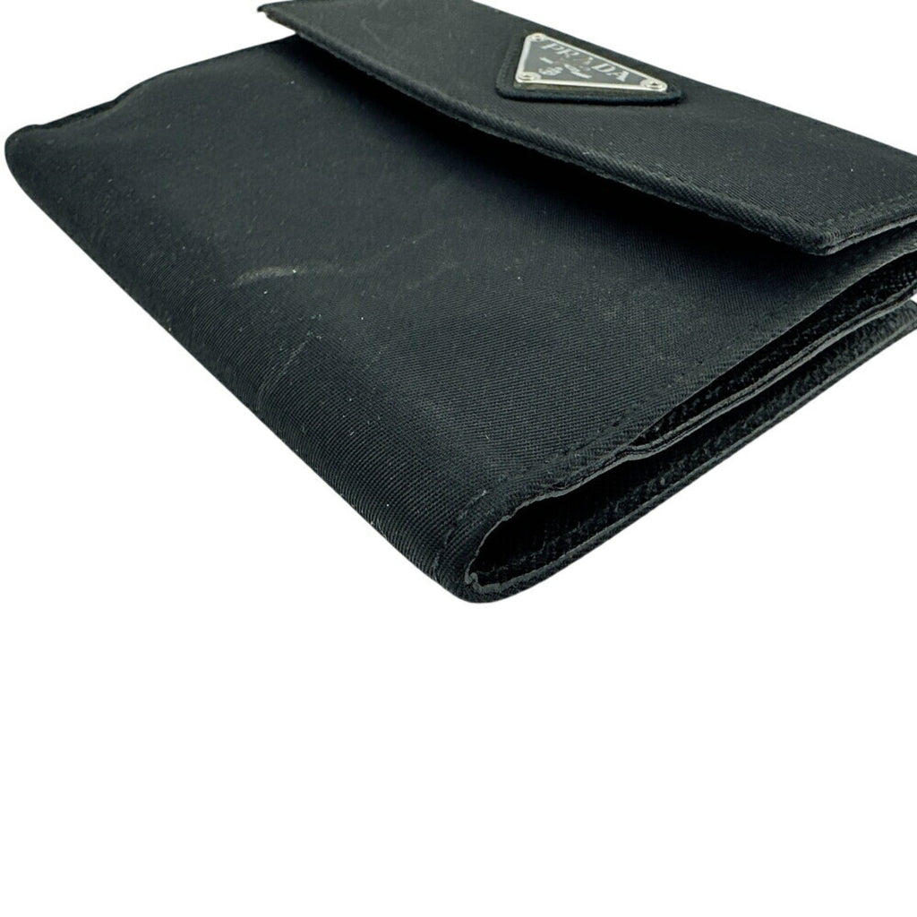 PRADA M523 Triangle Plate W Tessuto Bi-fold Wallet Black Unisex