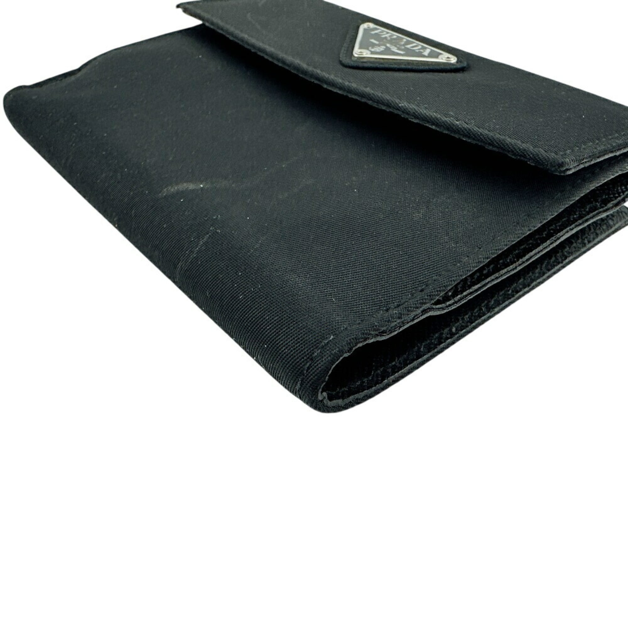 PRADA M523 Triangle Plate W Tessuto Bi-fold Wallet Black Unisex