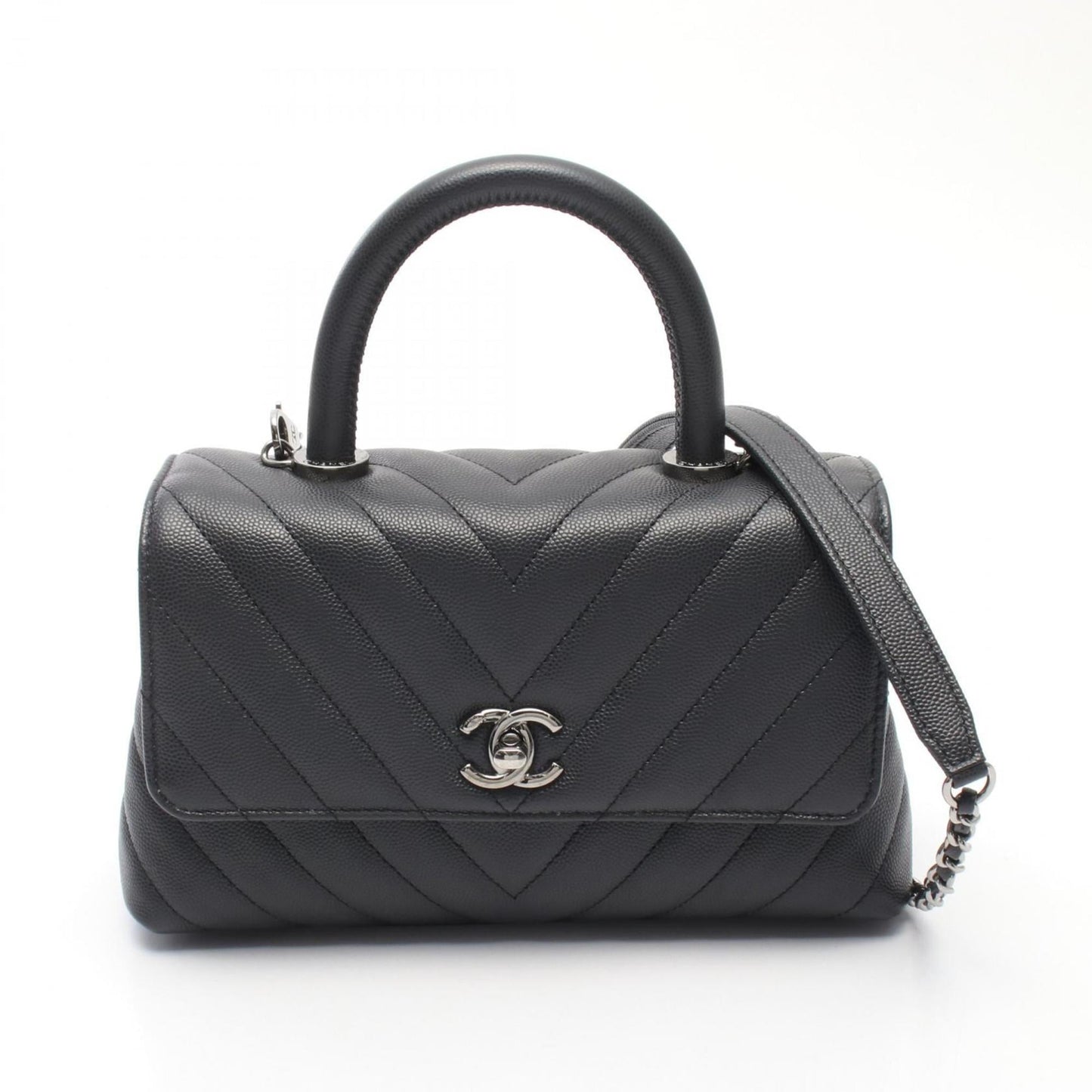 CHANEL Coco Handle Flap Matelasse Handbag in Grained Calfskin Leather, Gray, Women's, AS92990