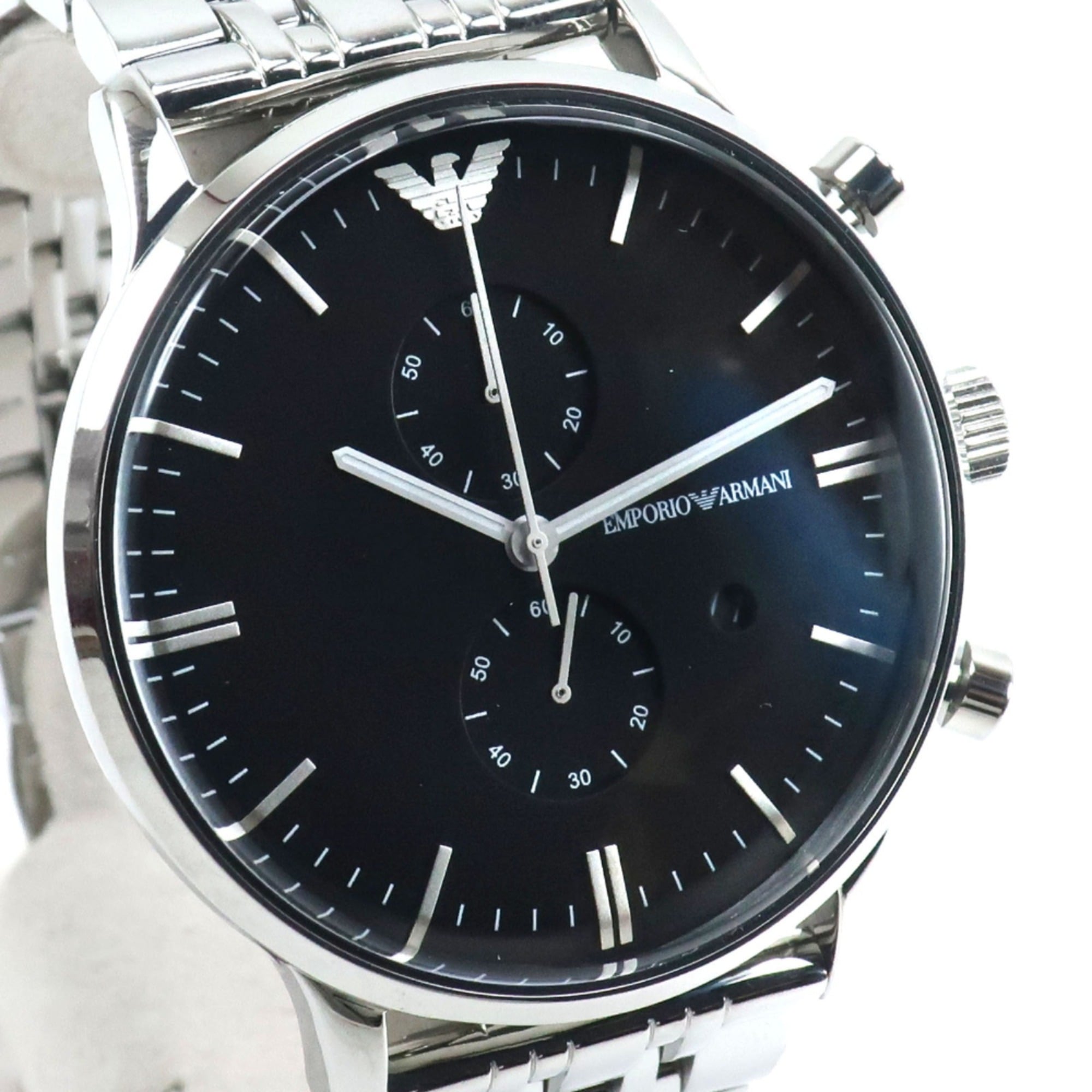 Emporio Armani AR0389 Stainless Steel Silver Quartz Chronograph Men's Watch with Black Dial — Like New
