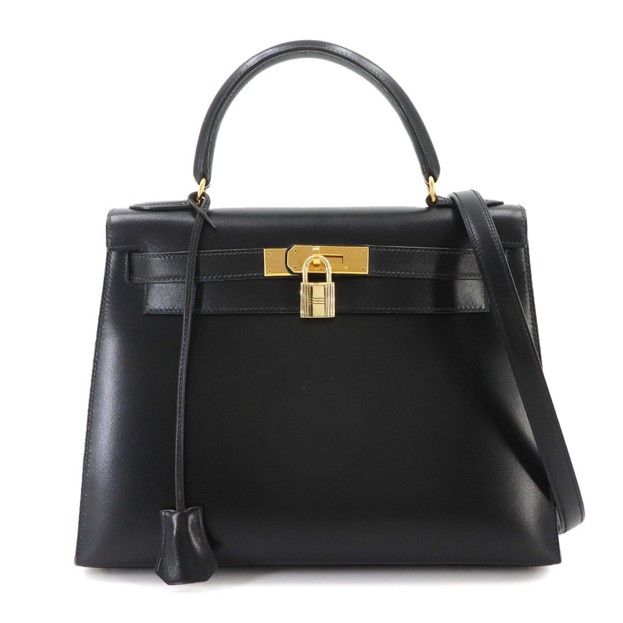Hermes Kelly 28, Box Calf Leather, Black, 2-way Handbag/Shoulder Bag, 〇X Stamp, Made in 1994, External Stitching, Gold Hardware — Like New