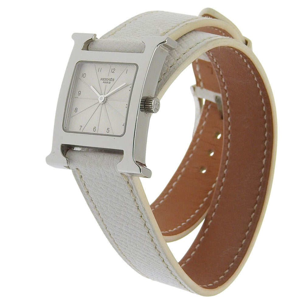 Hermès H Watch Double Tour HH1.210, stainless steel and smooth leather, made in France, 2012, silver P quartz movement, analog display, white dial, Heure watch for women — Good