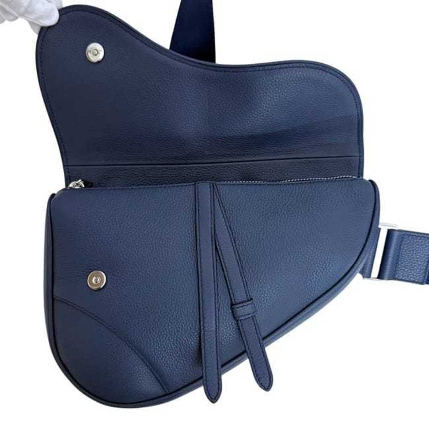 Christian Dior Saddle Bag, Navy Blue, f-24767, 1ADPO093, Leather, 06-BO-0199. This navy blue crossbody shoulder bag with flap is perfect for men and women.