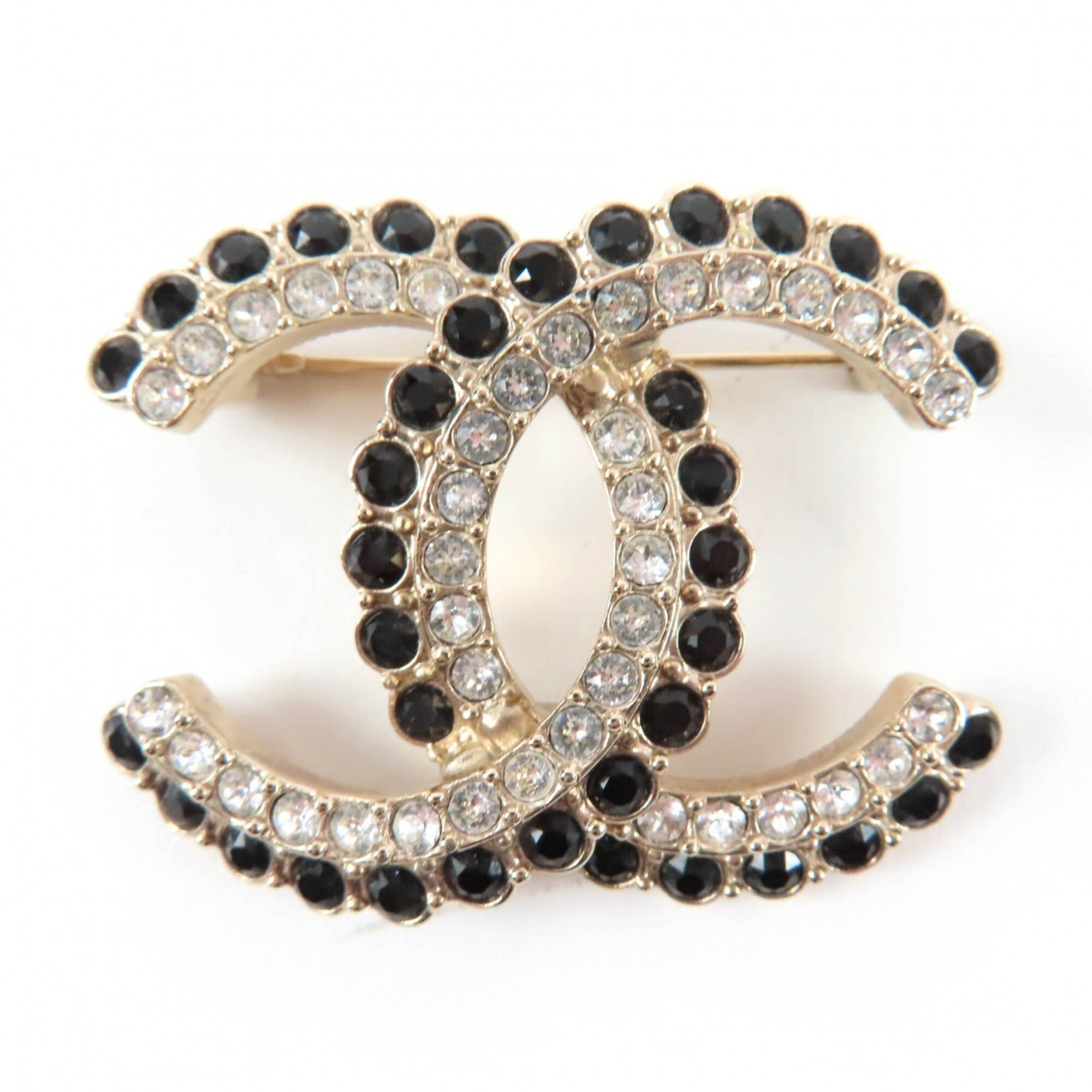 CHANEL A22B Coco Mark Brooch, 2022 Model, Large, Gold Tone, Black Stone, Clear Black, Comes with Box and Dust Bag, Made in Italy, Women's — Like New
