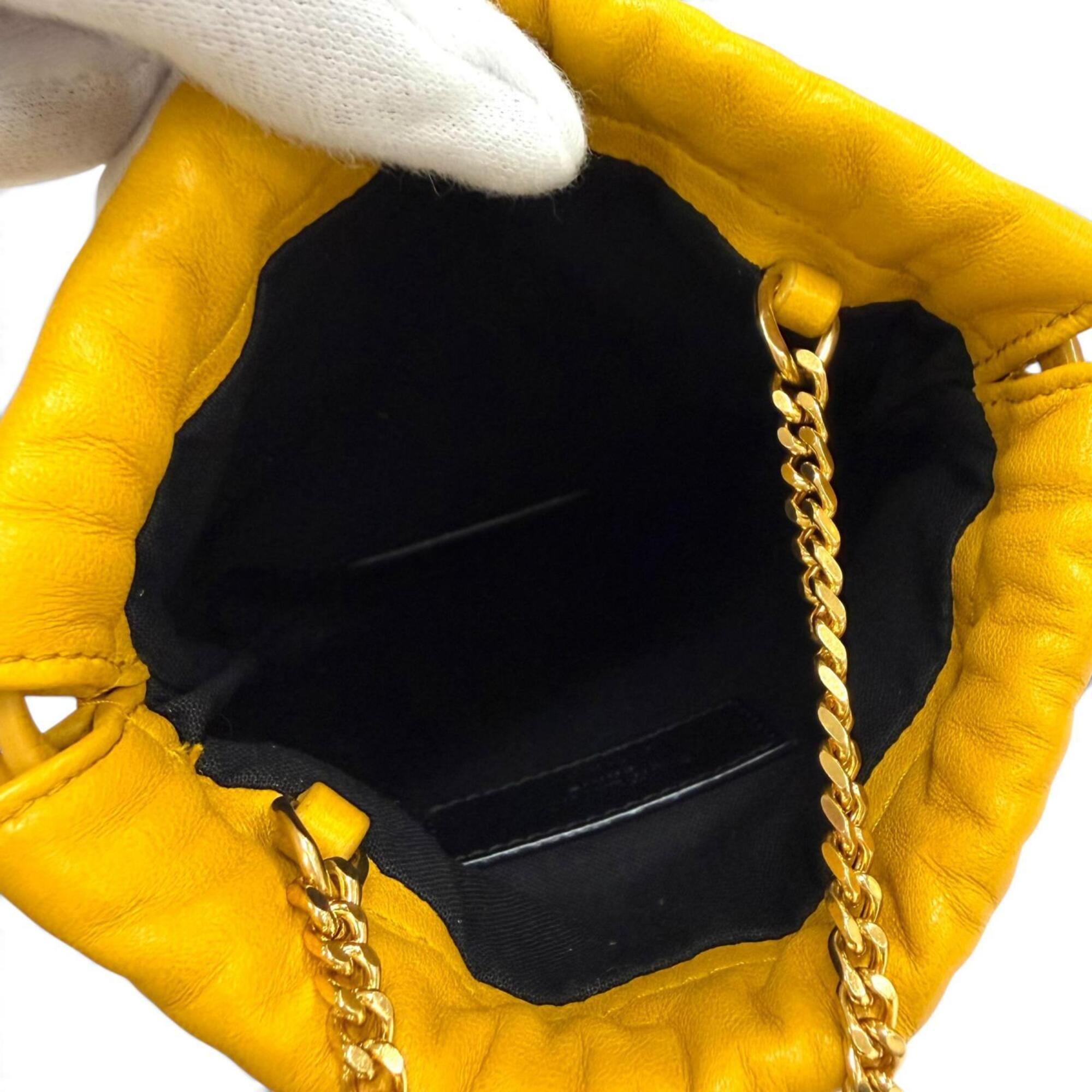 Yves Saint Laurent SAINT LAURENT PARIS 640714 Drawstring Leather Chain Shoulder Bag, Yellow, Made in Italy, Women's, with Dust Bag — Like New