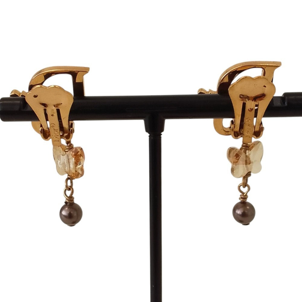 Christian Dior Rhinestone Logo Butterfly Pearl Swing Earrings, GP Gold Color, Women's — Like New