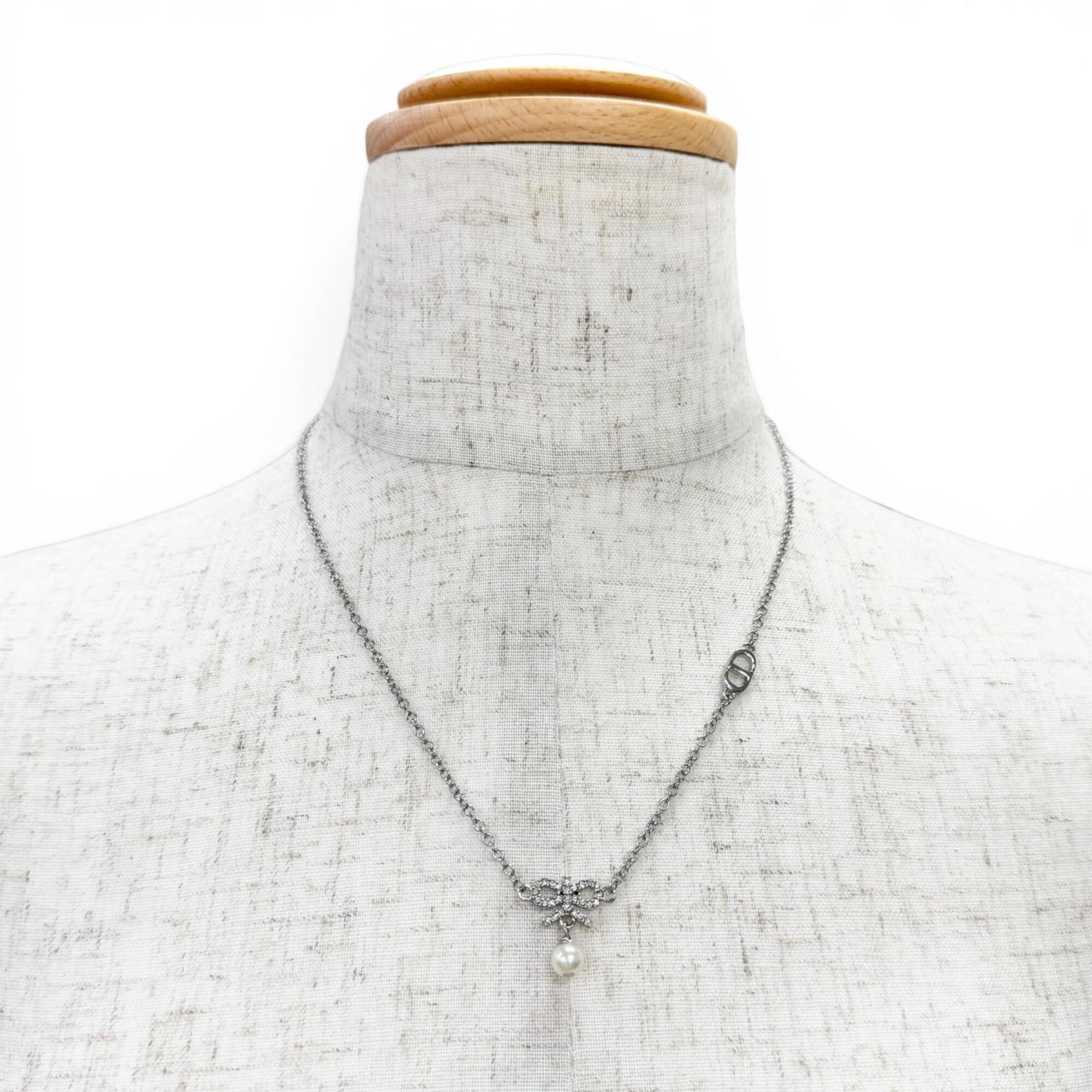 Christian Dior DIOR CD logo ribbon motif rhinestone faux pearl necklace accessory, silver, for women — Like New