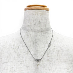 Christian Dior DIOR CD logo ribbon motif rhinestone faux pearl necklace accessory, silver, for women — Like New