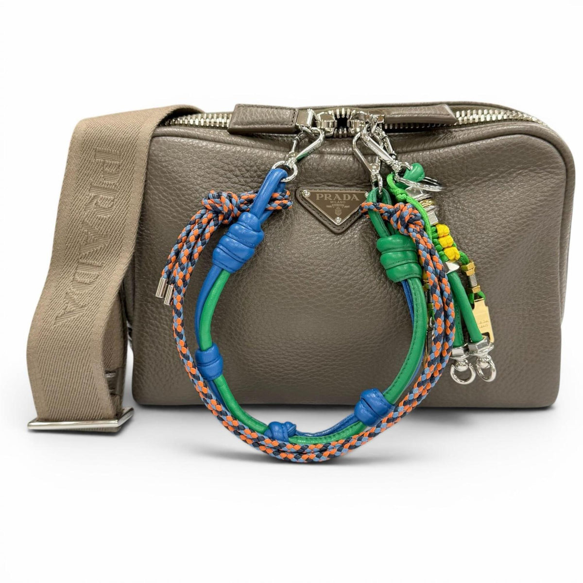 PRADA 2VH181 Triangle Logo Trick Charm Vitello Daino Leather Shoulder Bag, Greige, Made in Italy, Women's, Comes with Dust Highly Recommended! — Like New