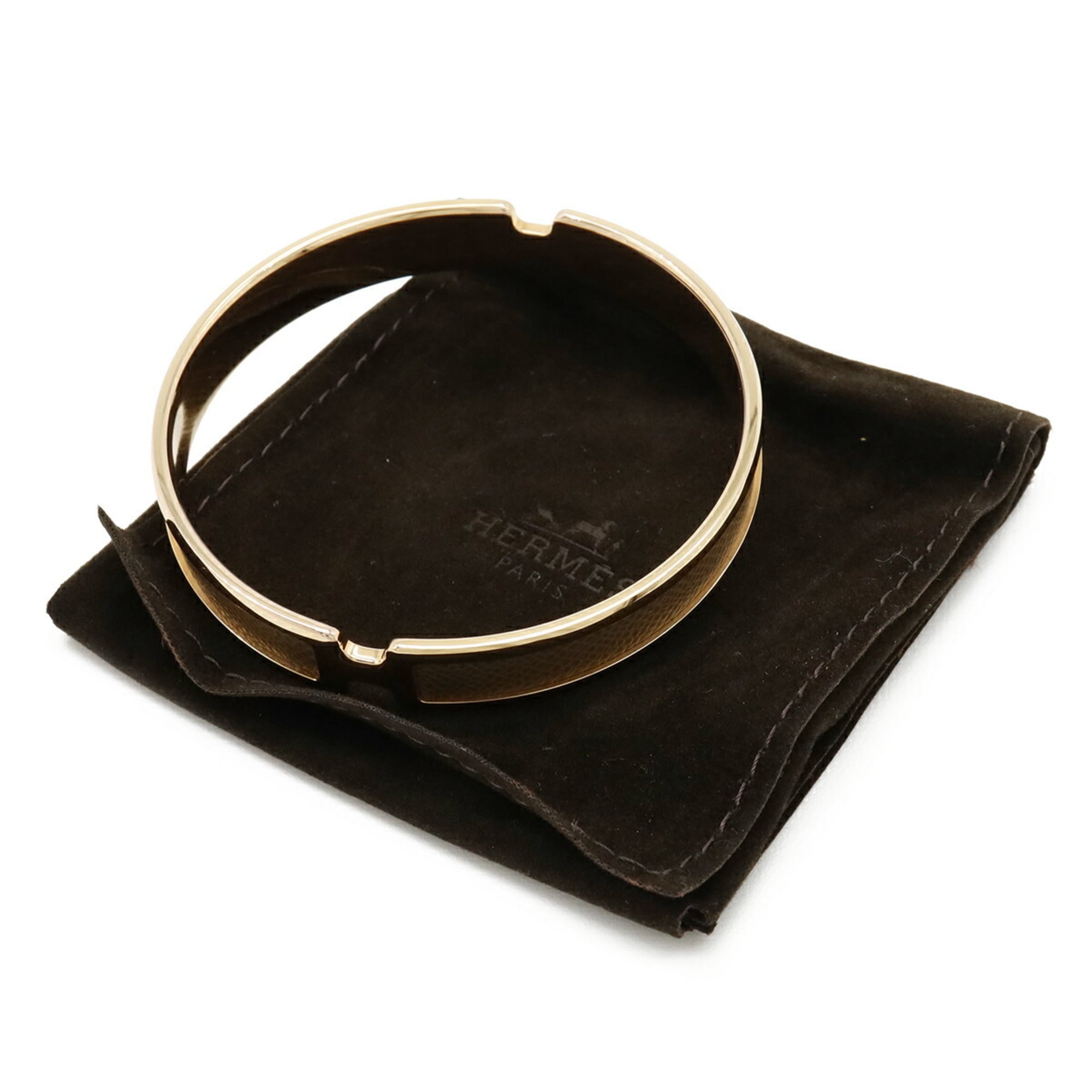 HERMES Olympe Bracelet Bangle Yellow Gold Plated Leather Greige Golden — Like New