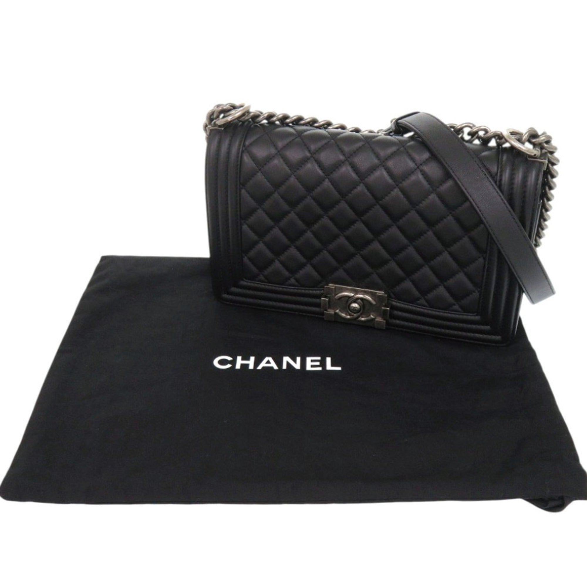 Chanel Boy 25 Coco Mark Lambskin Black Random Plate Shoulder Bag 0269CHANEL — Like New