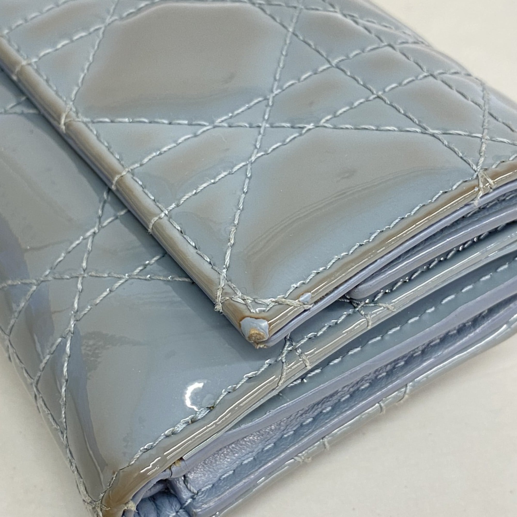 Christian Dior Tri-fold Wallet Cannage Enamel Blue Gray Women's