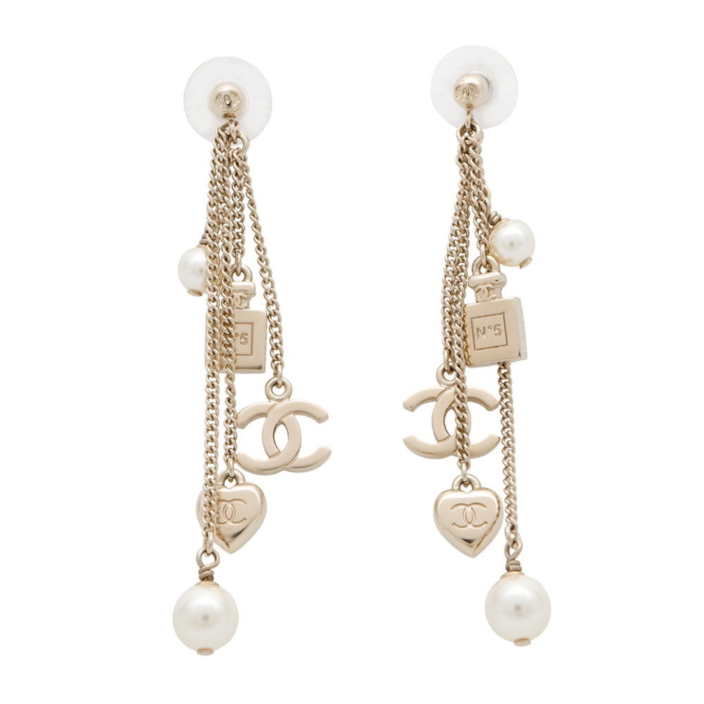 CHANEL Coco Mark Swing Perfume Bottle Heart Faux Pearl Metal Earrings B18B