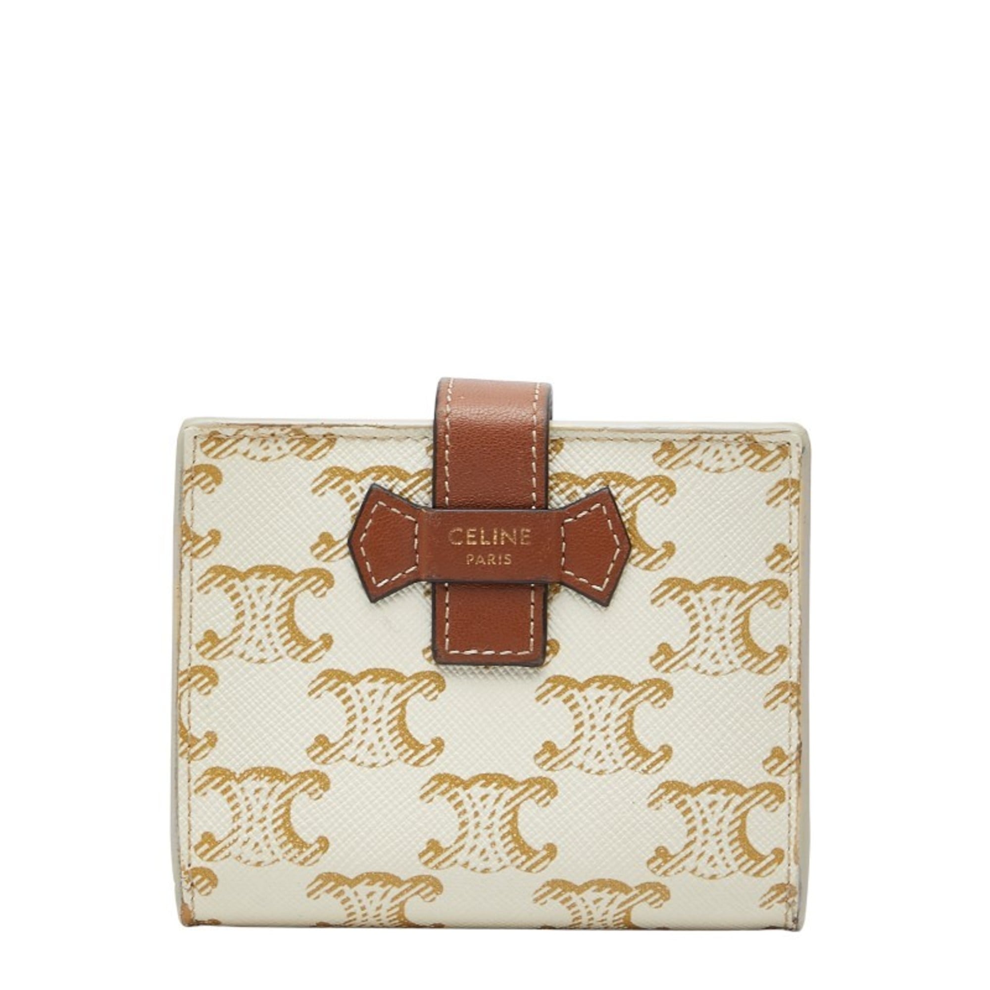 Celine Triomphe Small Strap Wallet, Bifold Ivory/Brown Leather, Women's, CELINE