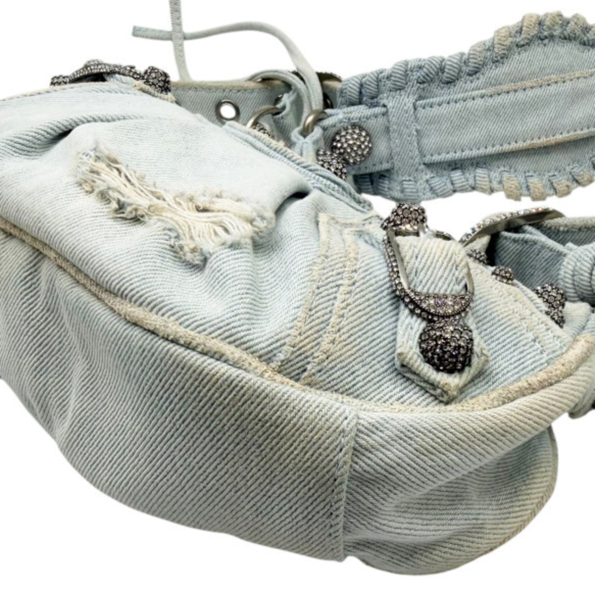 BALENCIAGA Le Cagole denim shoulder bag XS, blue with rhinestone heart design, for women — New - Store Return