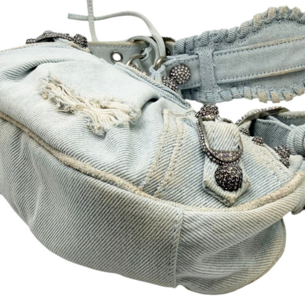 BALENCIAGA Le Cagole denim shoulder bag XS, blue with rhinestone heart design, for women — New - Store Return