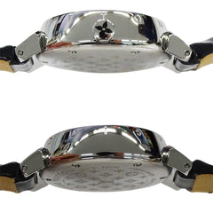 Louis Vuitton LOUIS VUITTON Women's Watch Tambour Forever Diamond Quartz QZ Stainless Steel SS Leather Q12M5 Silver Black — Good