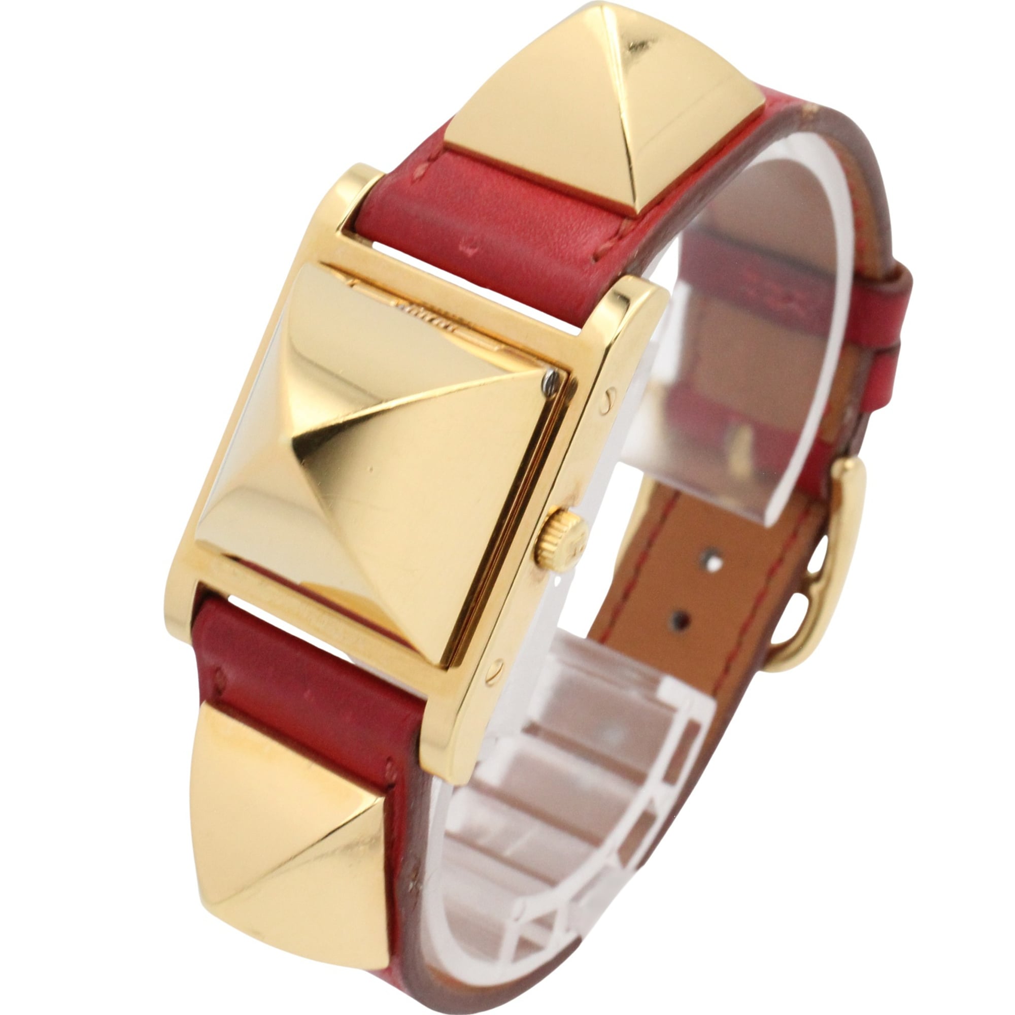 Hermes Medor watch, gold-plated (GP), leather strap, women's, white, ME1.201 — Very Good