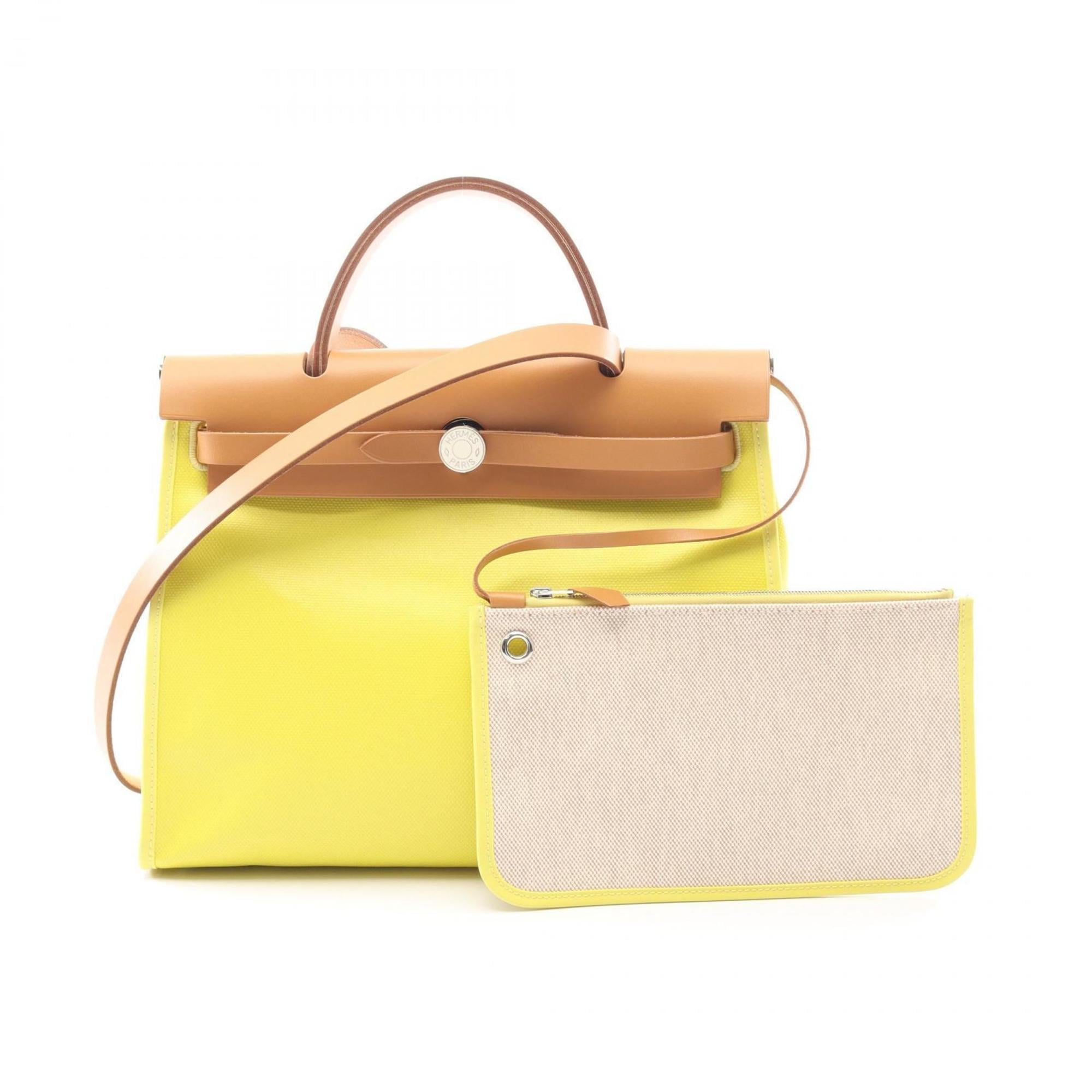 Hermes Hermès Airbag Zip PM handbag, canvas and leather, toile twill ash Berline, Vache Hunter, women's, yellow brown.
