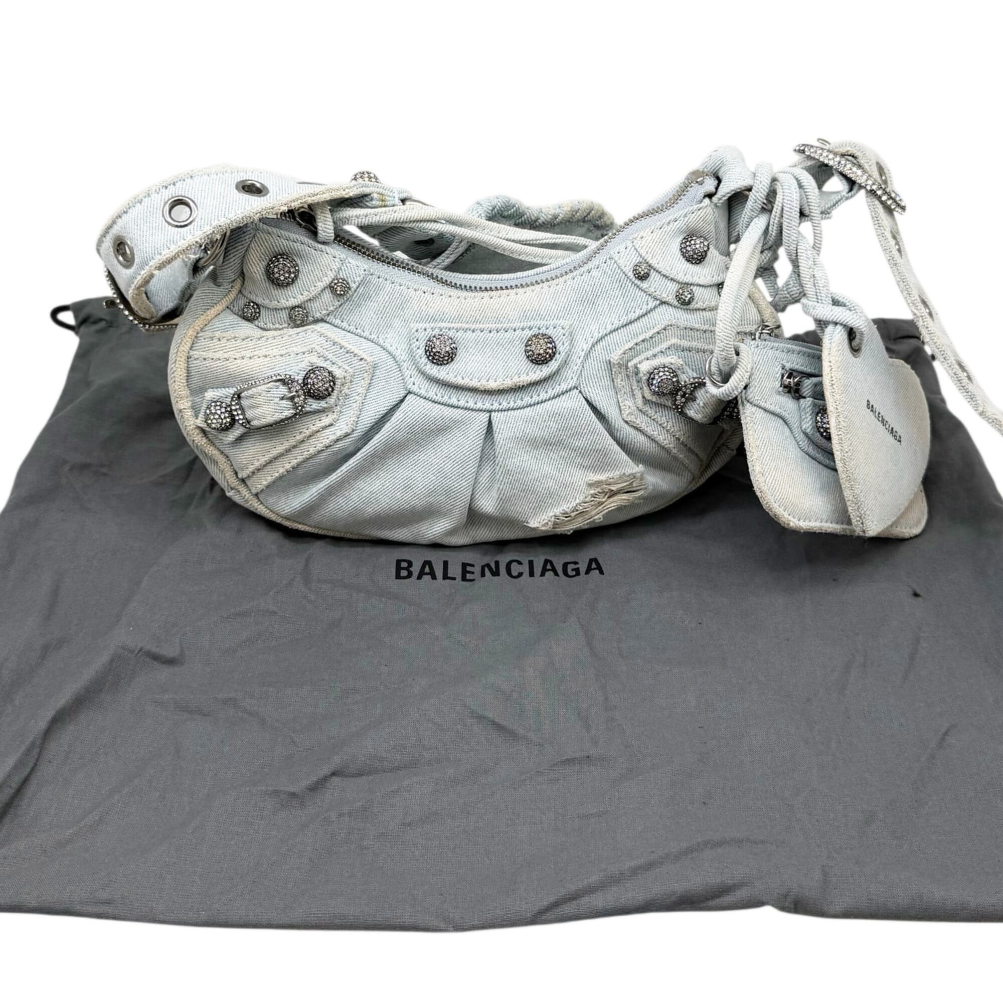 BALENCIAGA Le Cagole denim shoulder bag XS, blue with rhinestone heart design, for women — New - Store Return
