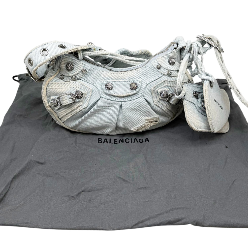 BALENCIAGA Le Cagole denim shoulder bag XS, blue with rhinestone heart design, for women — New - Store Return