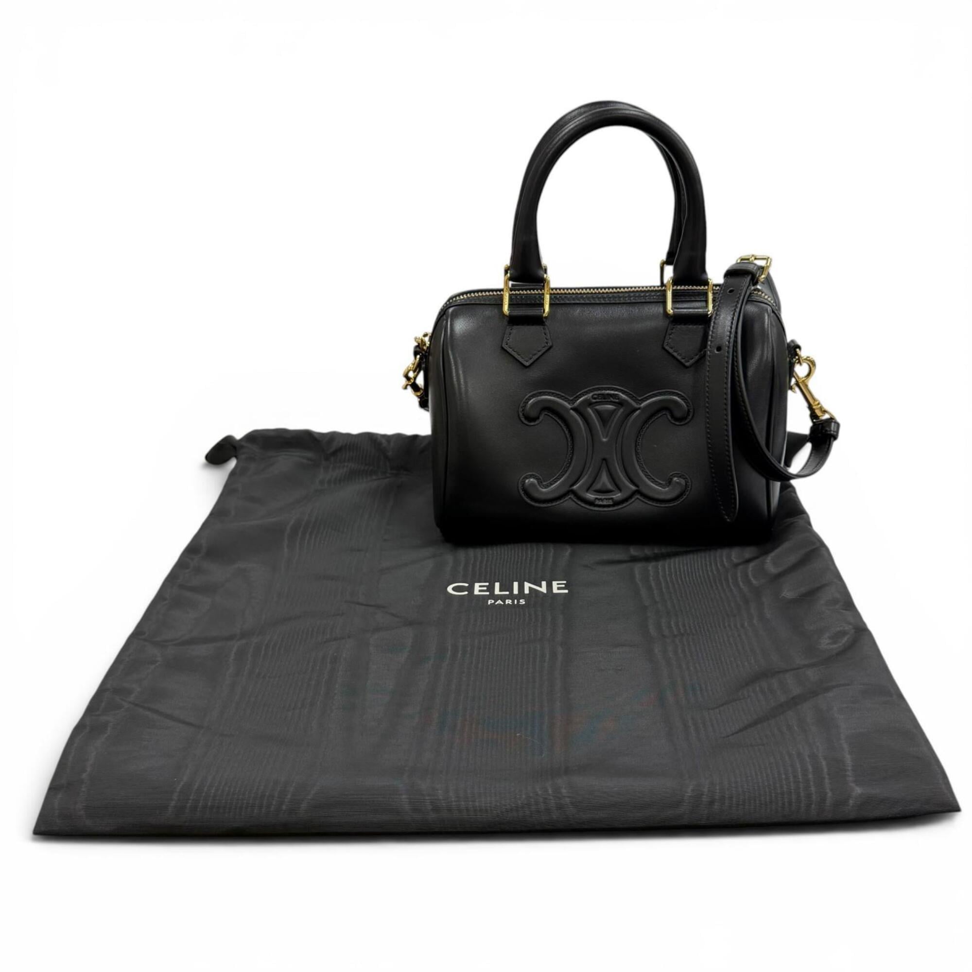 CELINE 11377 Smooth Calfskin Cuir Triomphe Small Boston 2-Way Bag Shoulder Black Made in Italy Women's with Dust — Like New