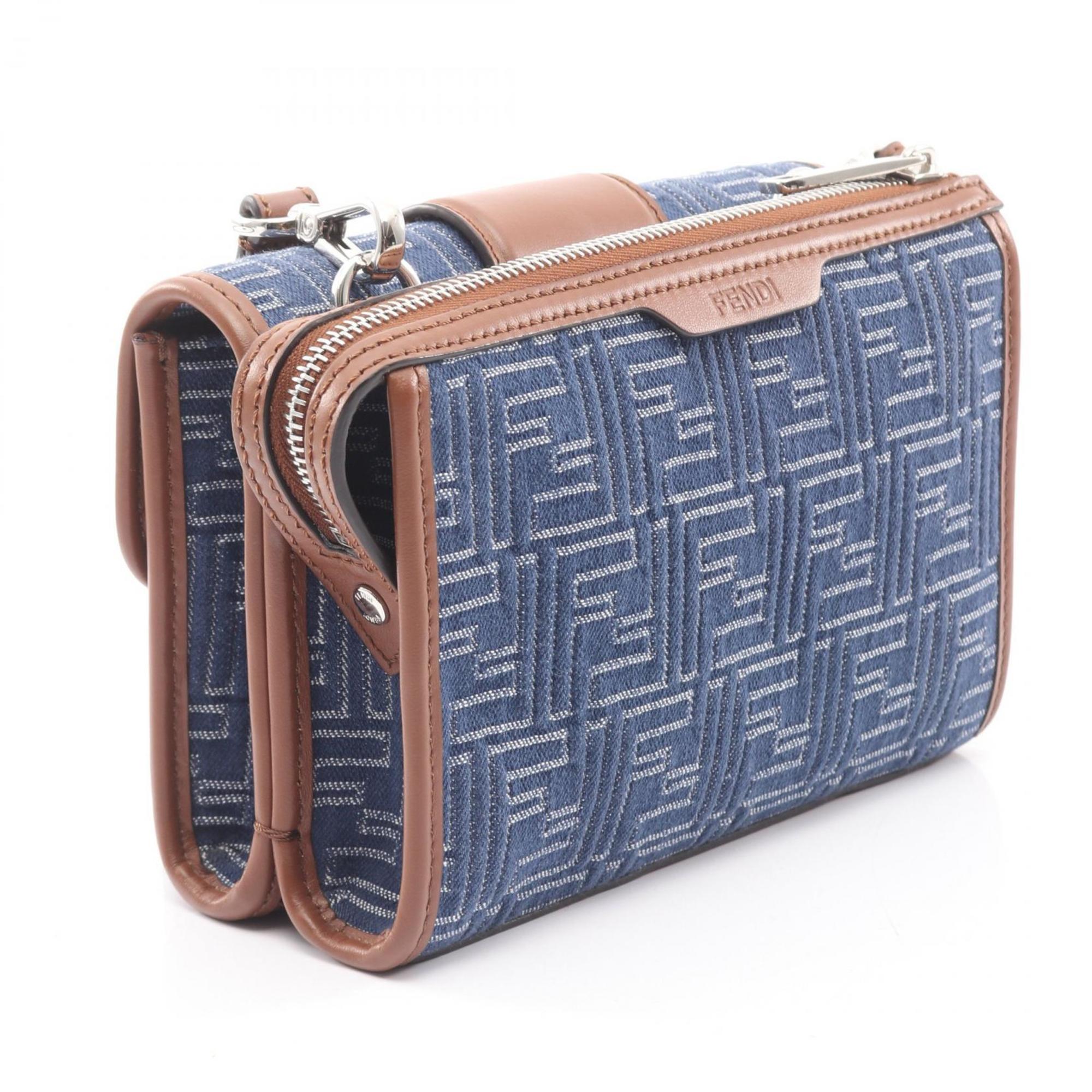 Fendi Double Baguette Zucca Shoulder Bag, Canvas and Leather, Men's, Navy Brown, 7VA649