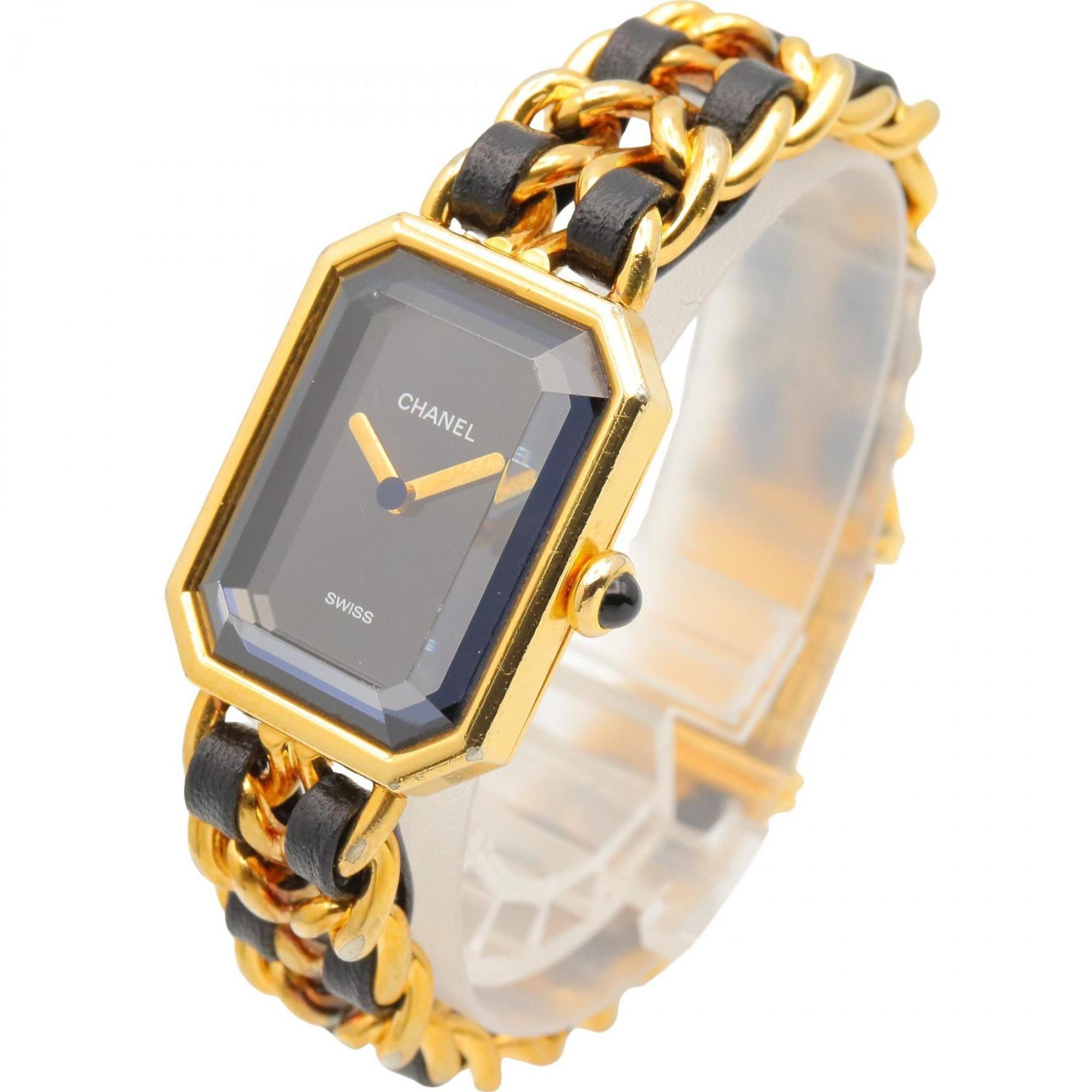 CHANEL Premiere M Watch, Gold-Plated, with Leather Strap, Black, Women's, H0001 — Very Good
