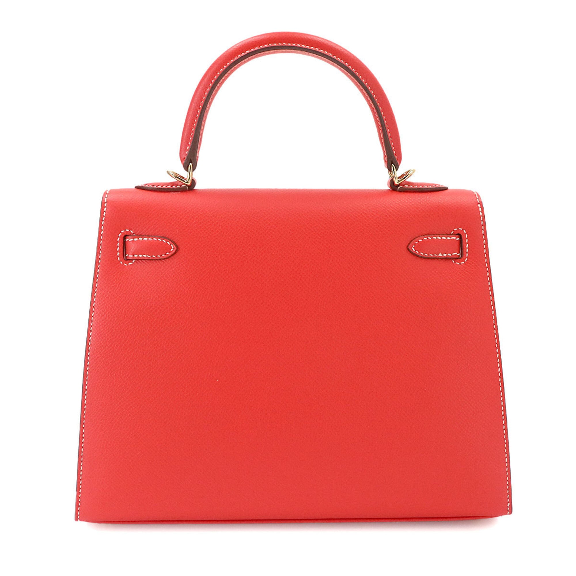 Hermes Candy Kelly 25 Epsom Rose Jaipur Gold 2-way Hand/Shoulder Handbag with external stitching, □Q stamp, gold hardware — Like New