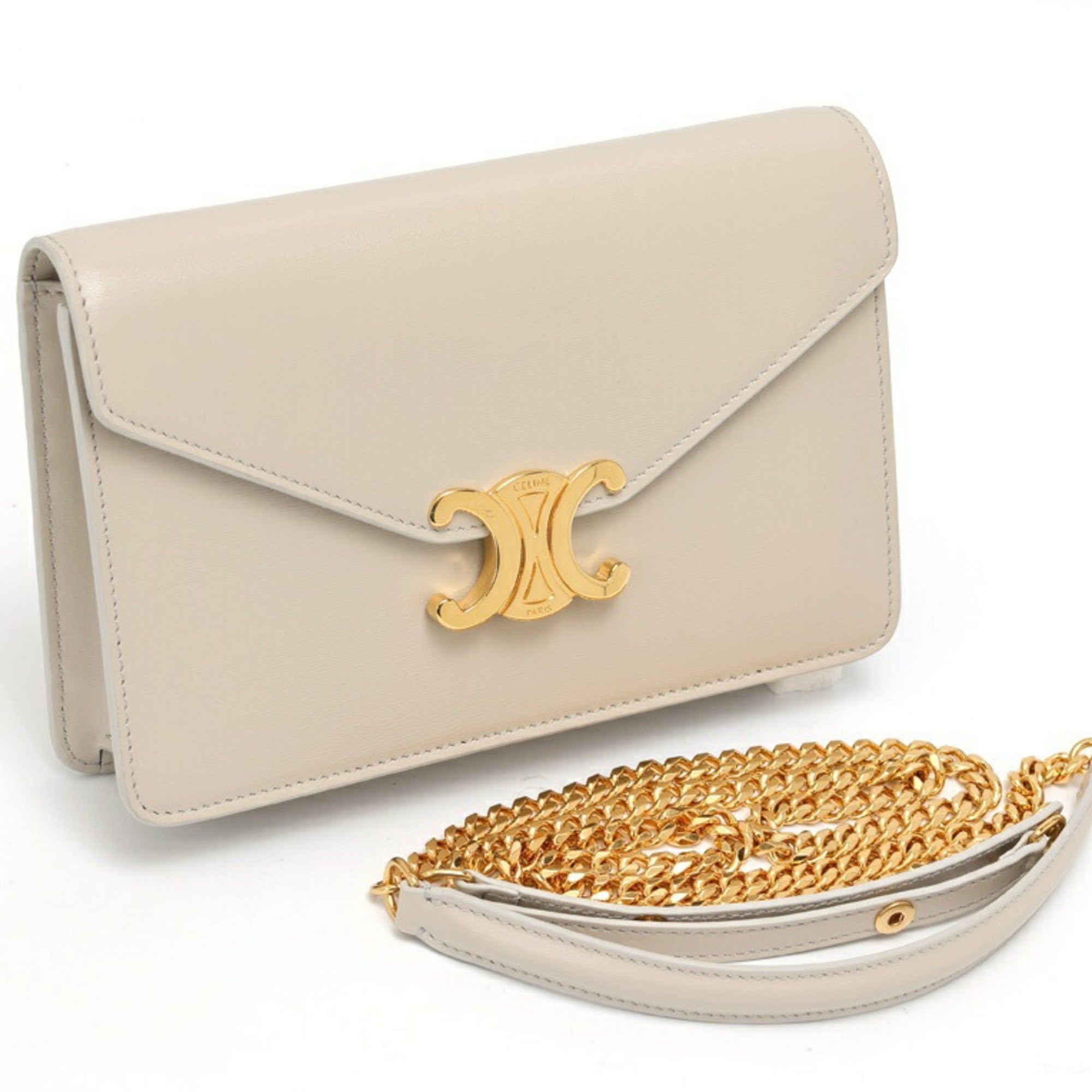 CELINE Chain Wallet Margot Shoulder 10L03 Shiny Calfskin Greige S-157624