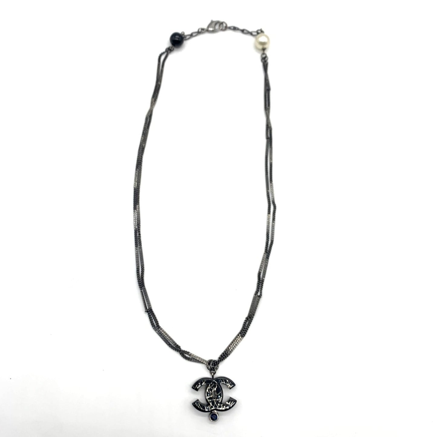 Chanel 2-strand necklace Coco Mark fake pearl stone black gunmetal 06A CHANEL A rank